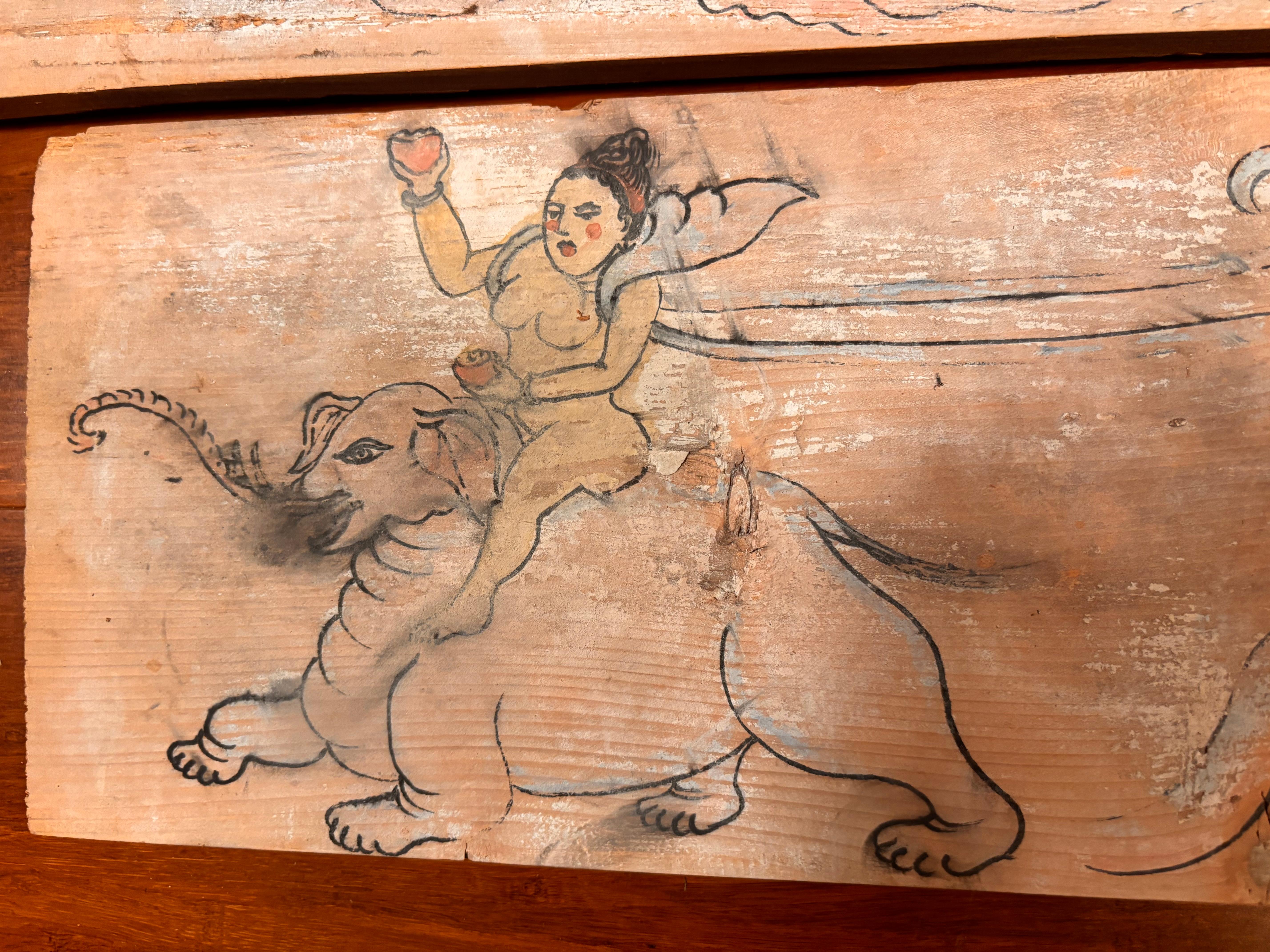 Chinese Pair Buddhist Tang Bodhisattvas Hand Painted Old Wood Plaques For Sale 1