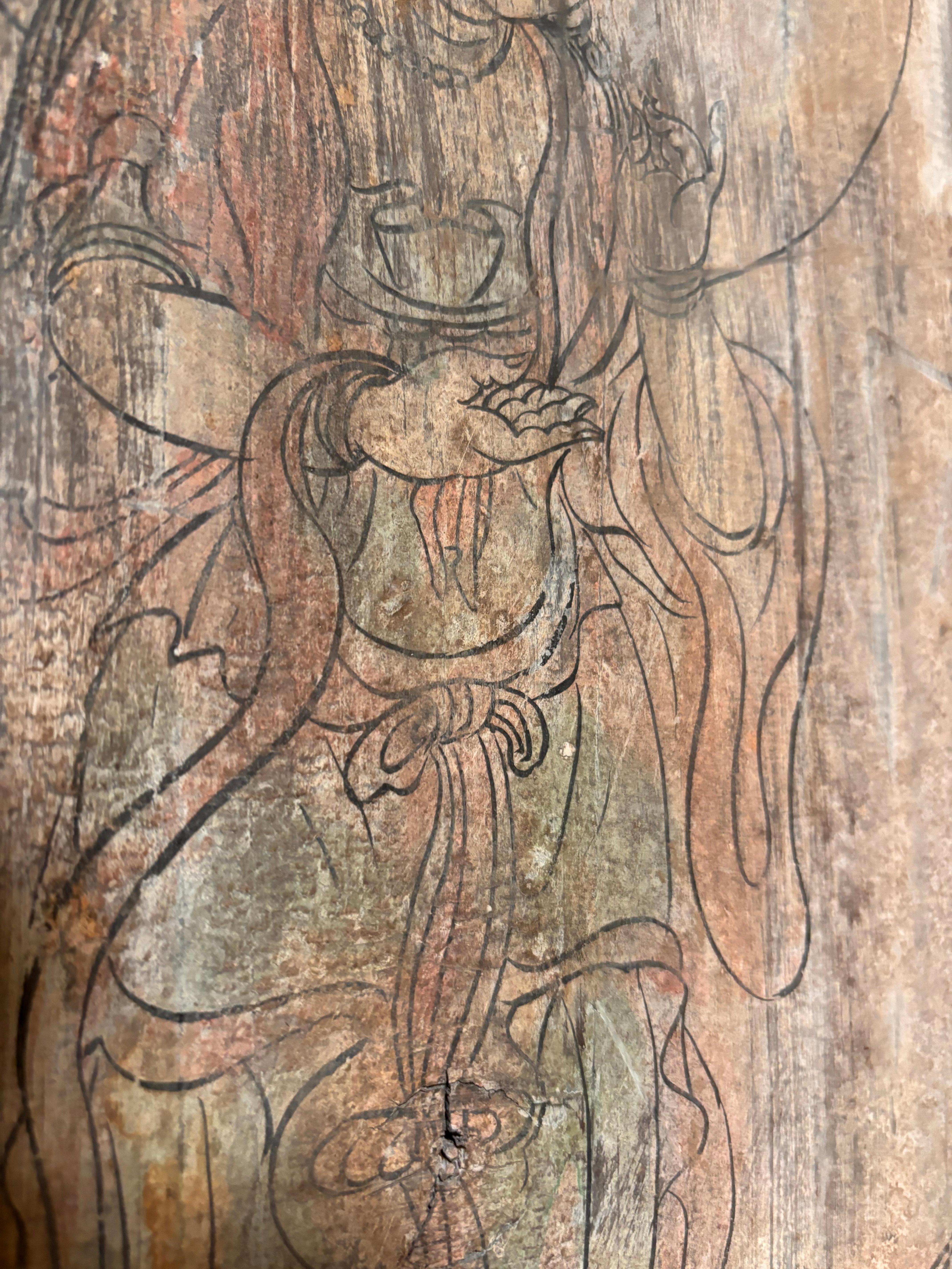 Chinese Pair Buddhist Tang Bodhisattvas Hand Painted Old Wood Plaques For Sale 3