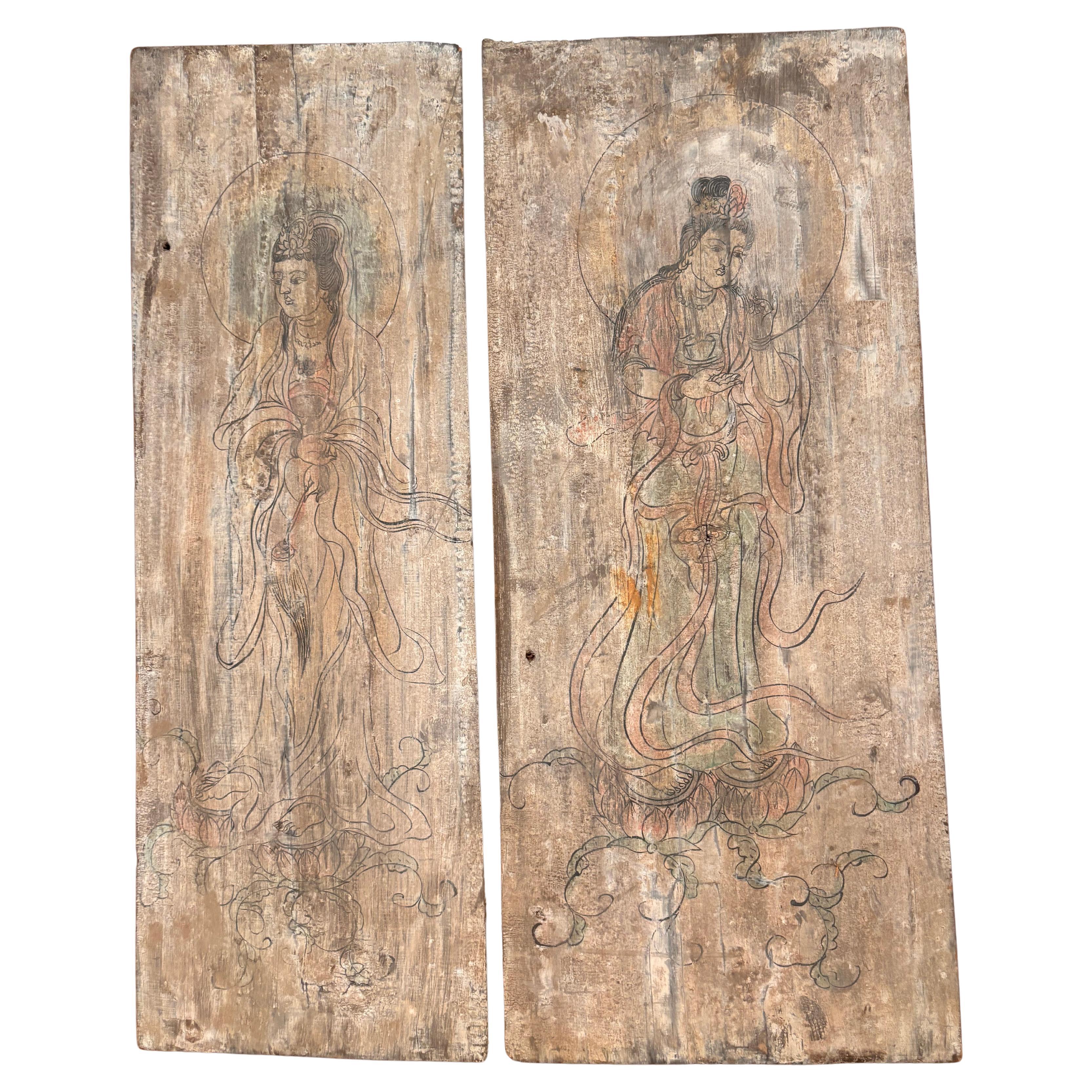 Chinese Pair Buddhist Tang Bodhisattvas Hand Painted Old Wood Plaques