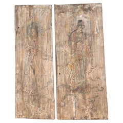 Chinese Pair Buddhist Tang Bodhisattvas Hand Painted Old Wood Plaques