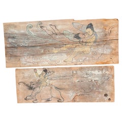 Chinese Pair Buddhist Tang Bodhisattvas Hand Painted Old Wood Plaques