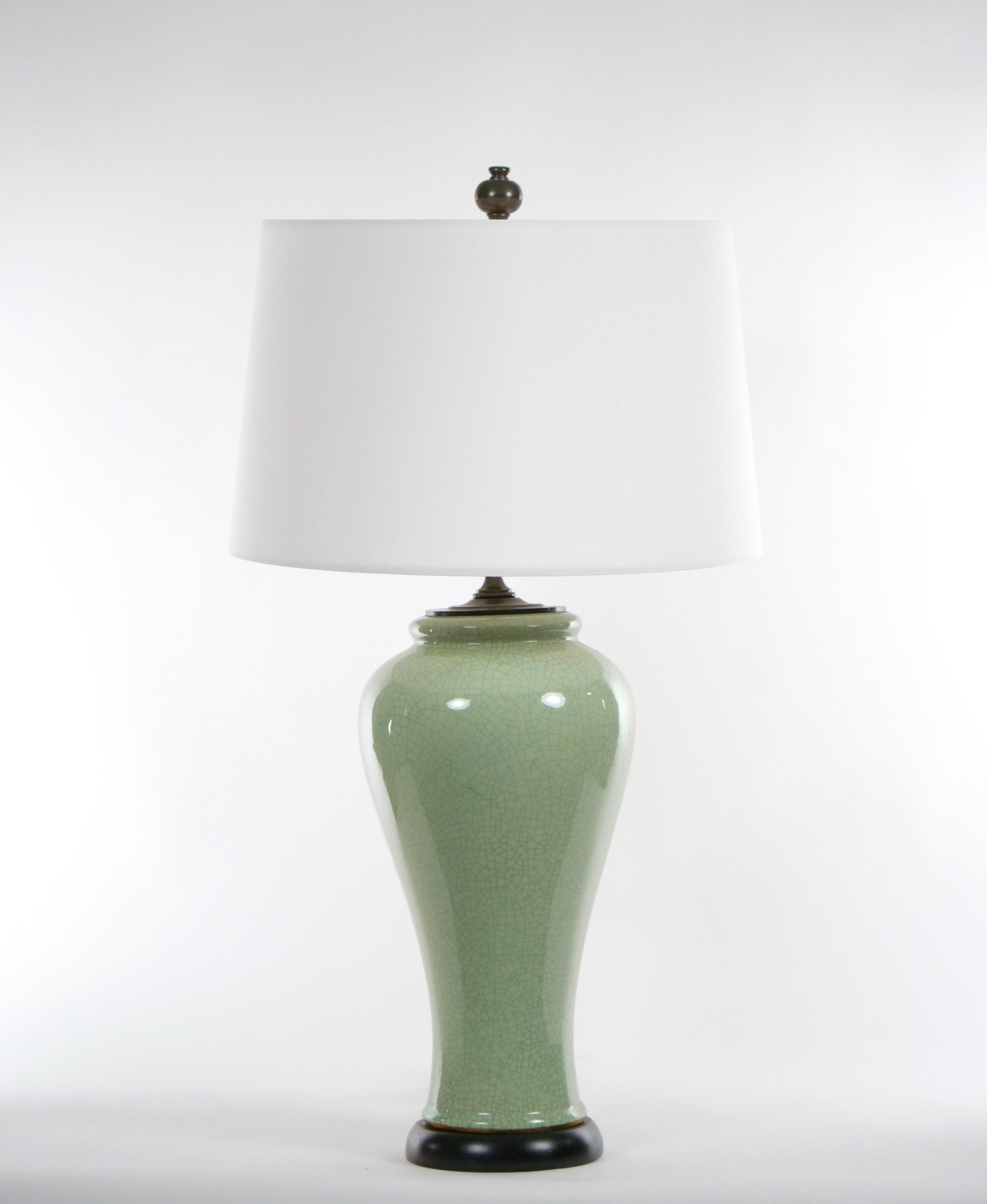  Chinese Pair Celadon Crackle Porcelain Table Lamp 5