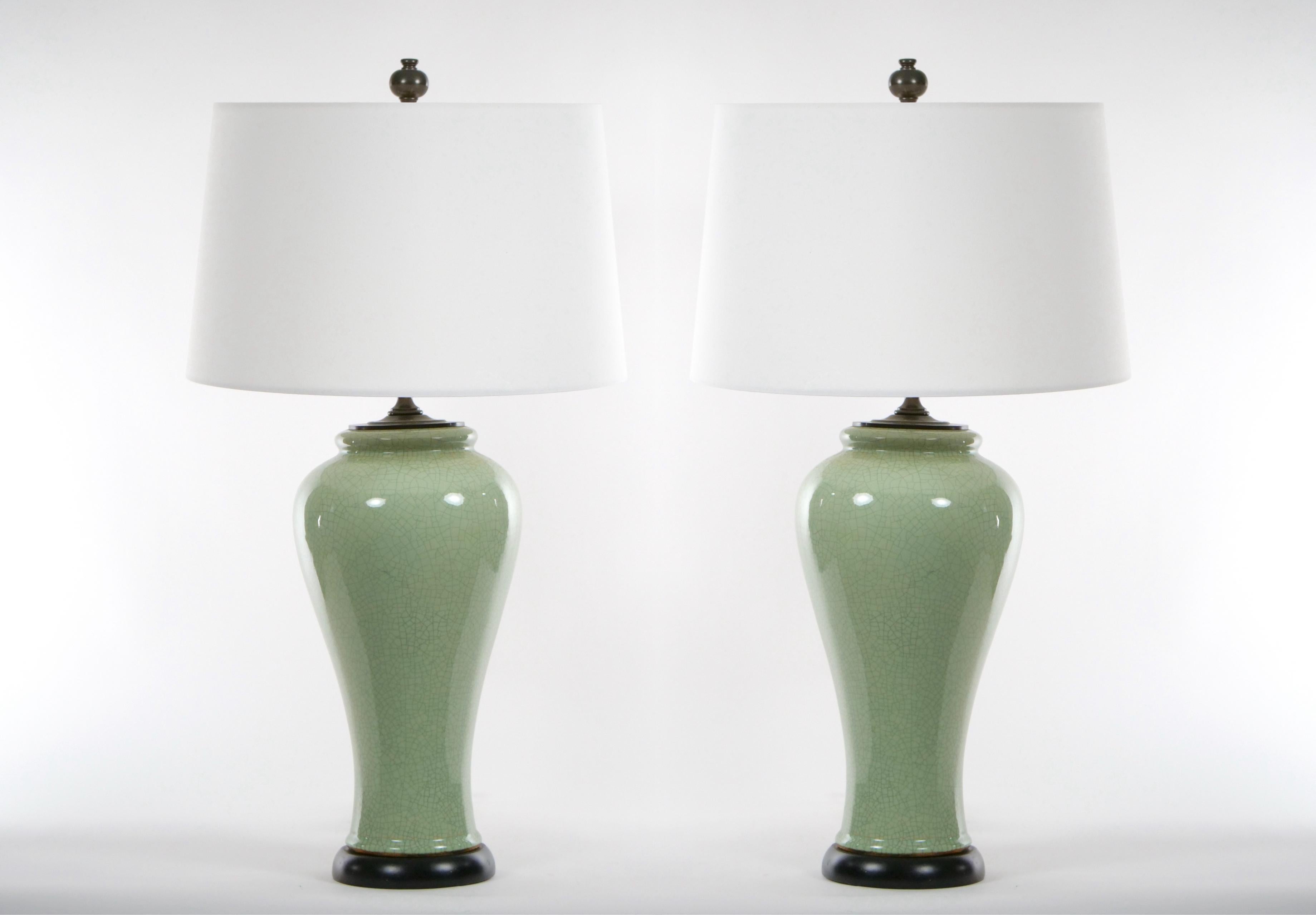  Chinese Pair Celadon Crackle Porcelain Table Lamp 6