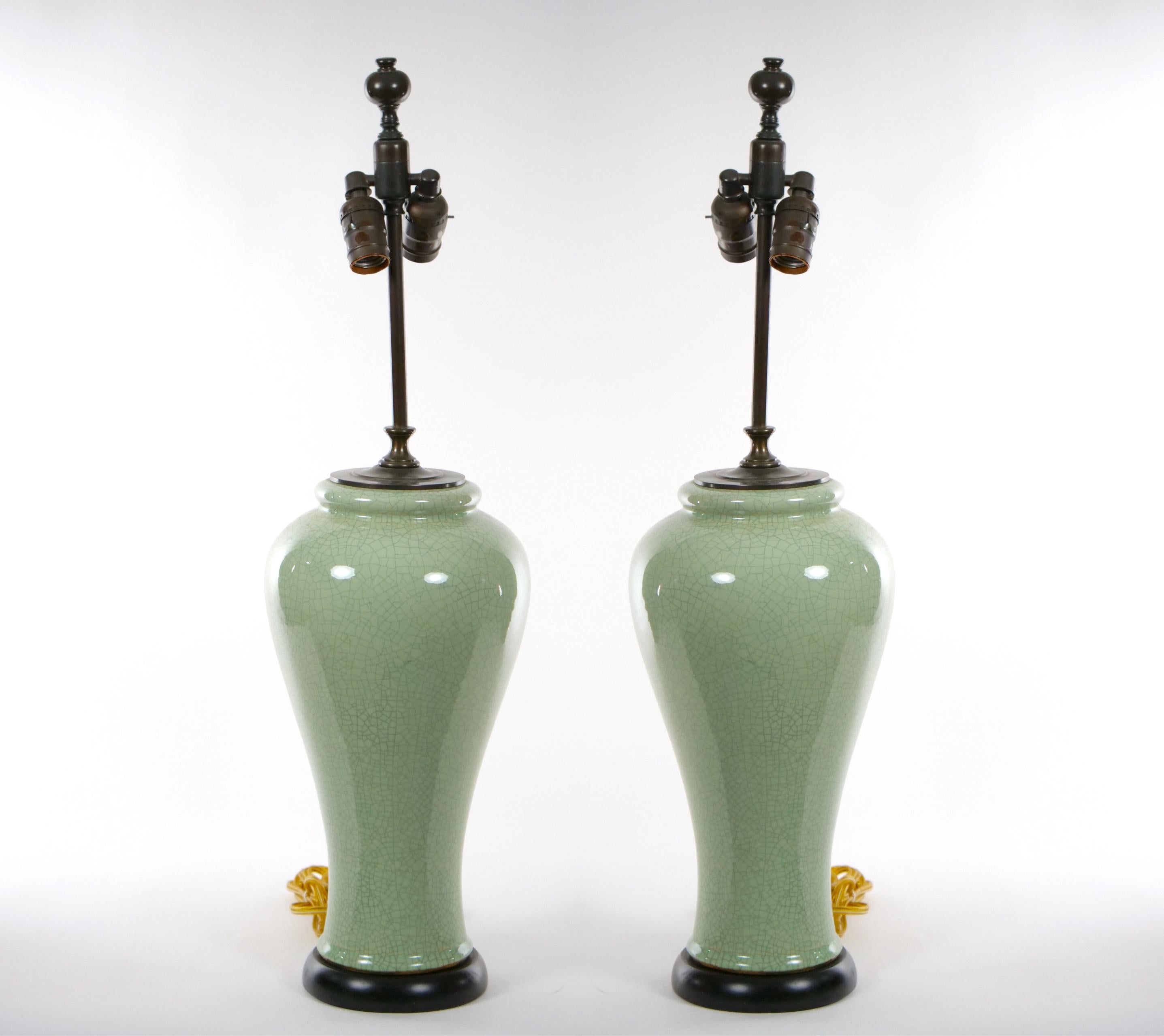 Hand-Painted  Chinese Pair Celadon Crackle Porcelain Table Lamp