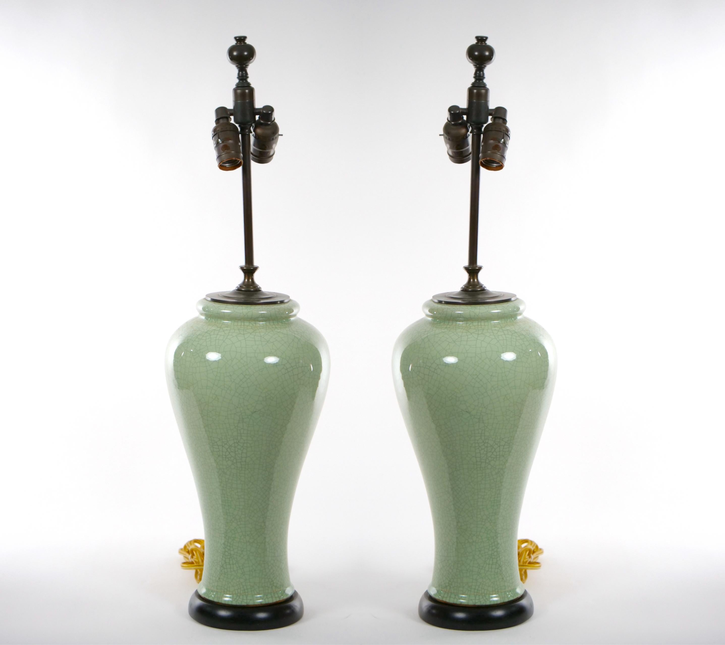 Hand-Crafted Chinese Pair Celadon Crackle Porcelain Table Lamp