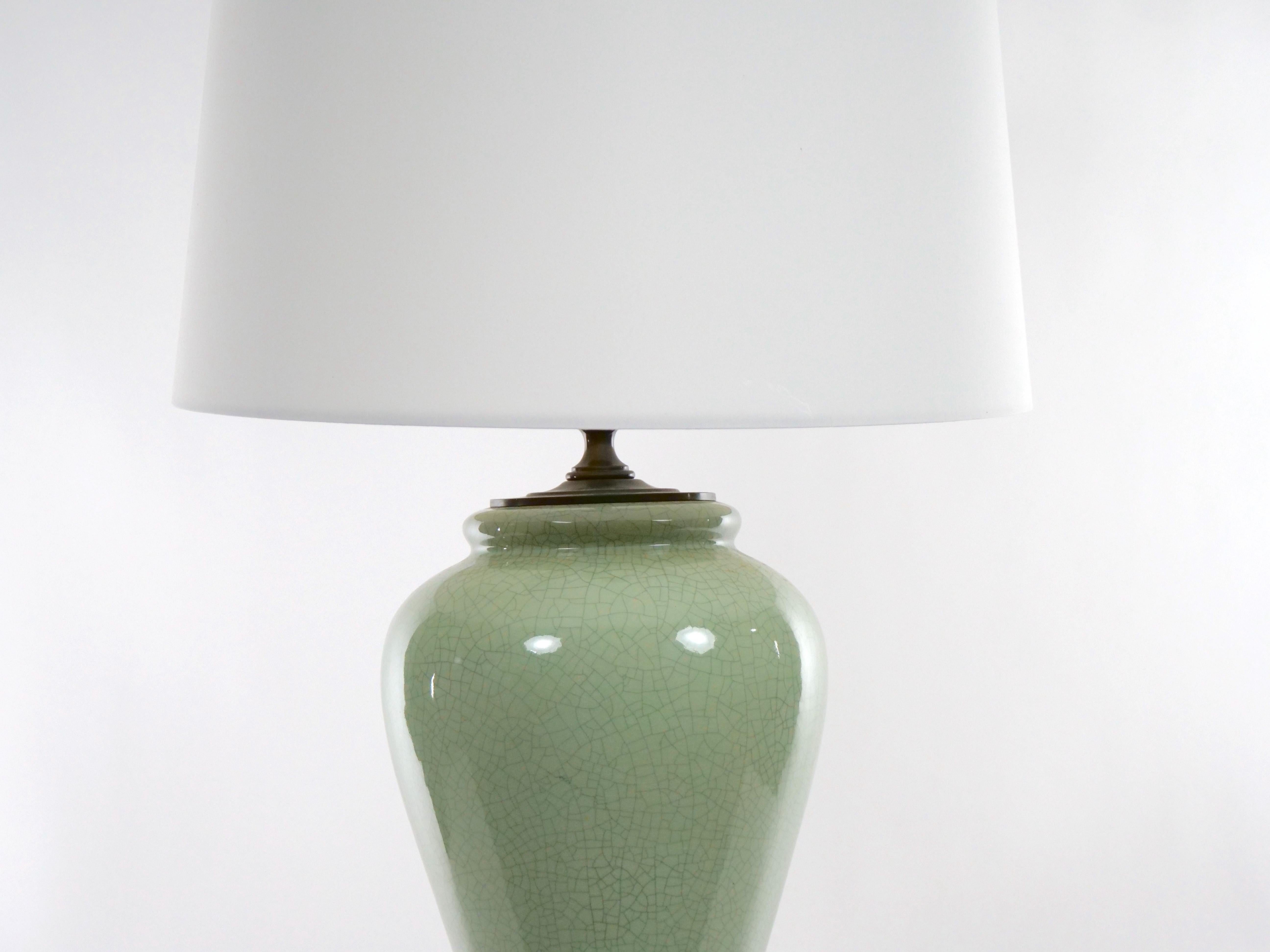  Chinese Pair Celadon Crackle Porcelain Table Lamp In Good Condition In Tarry Town, NY
