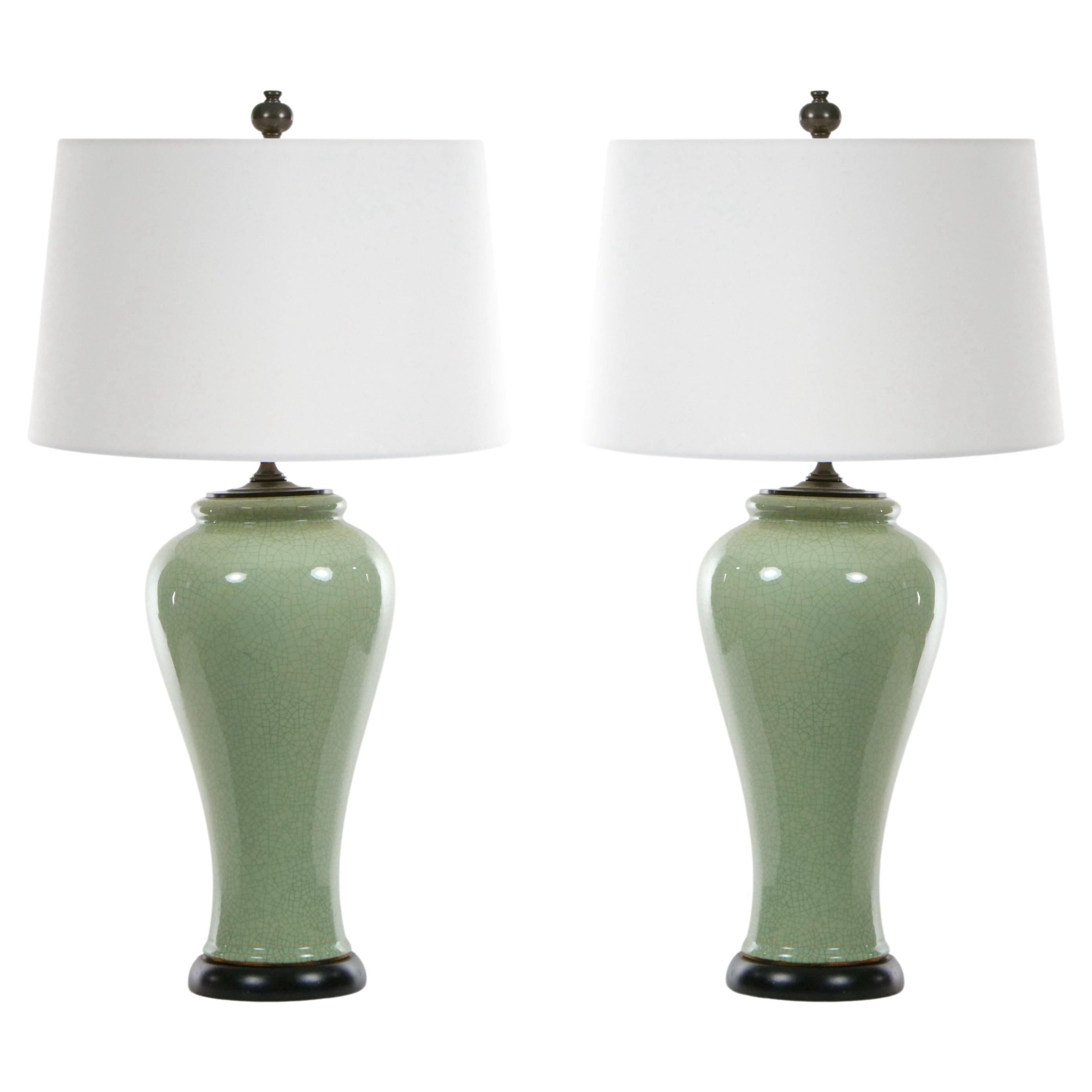  Chinese Pair Celadon Crackle Porcelain Table Lamp