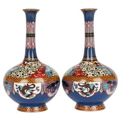 Vintage Chinese Pair Cloisonne Bottle Vases with Dragons & Ho Ho Birds