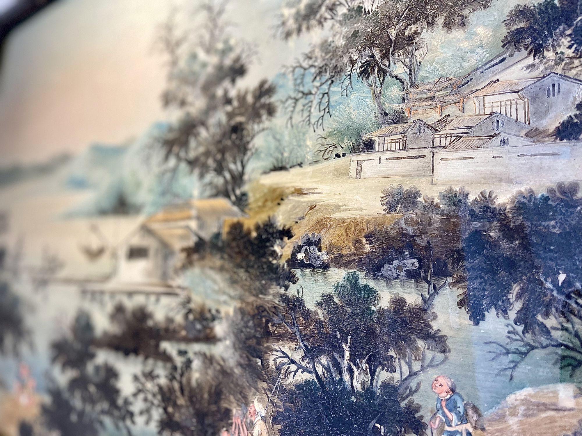 Paire de peintures chinoises en verre inversé « Triptyque » représentant une vie portuaire, début du 18e siècle en vente 4