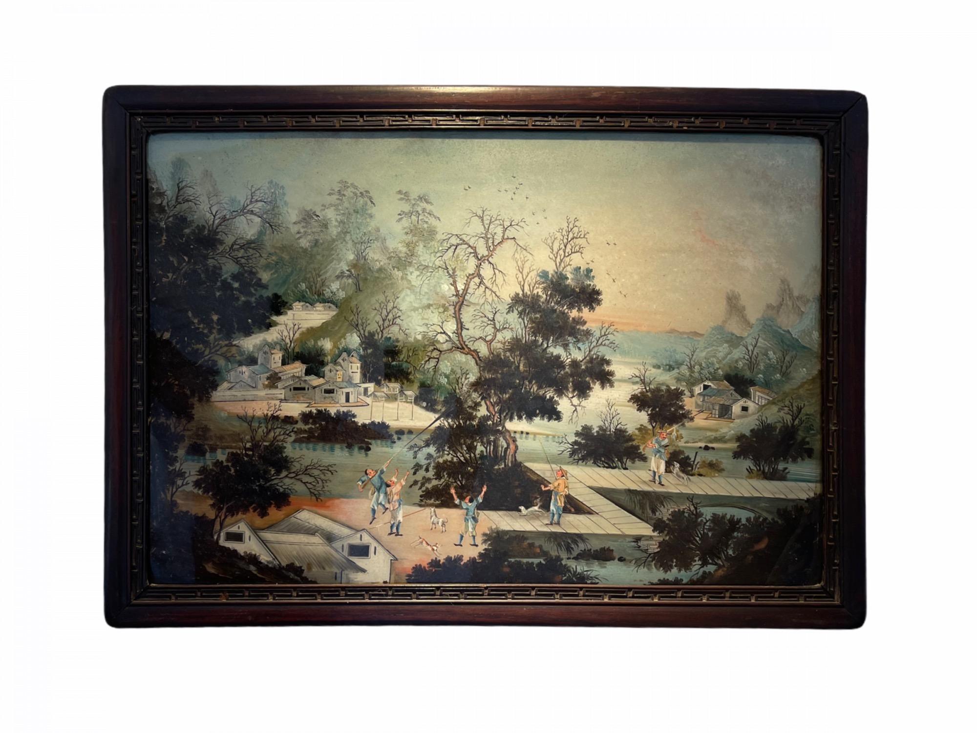 Chinese Pair 'Diptych' Reverse Glass Paintings of Port Life, Early 18th Century In Distressed Condition For Sale In North Miami, FL