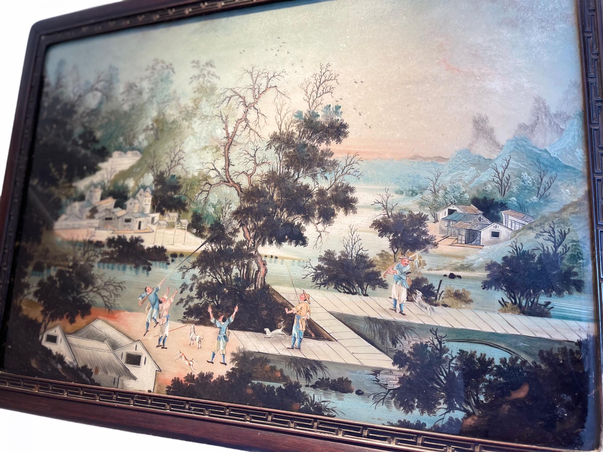 18th Century and Earlier Chinese Pair 'Diptych' Reverse Glass Paintings of Port Life, Early 18th Century For Sale