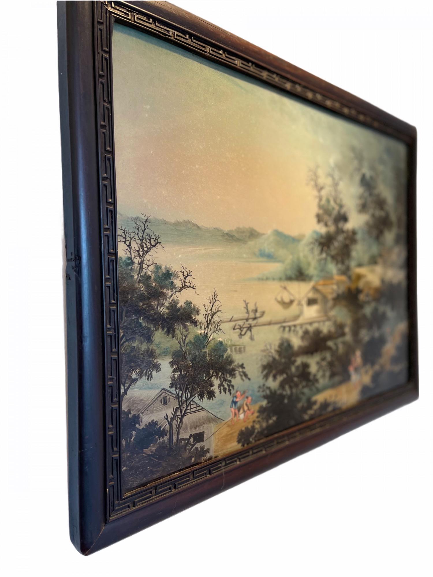 Wood Chinese Pair 'Diptych' Reverse Glass Paintings of Port Life, Early 18th Century For Sale