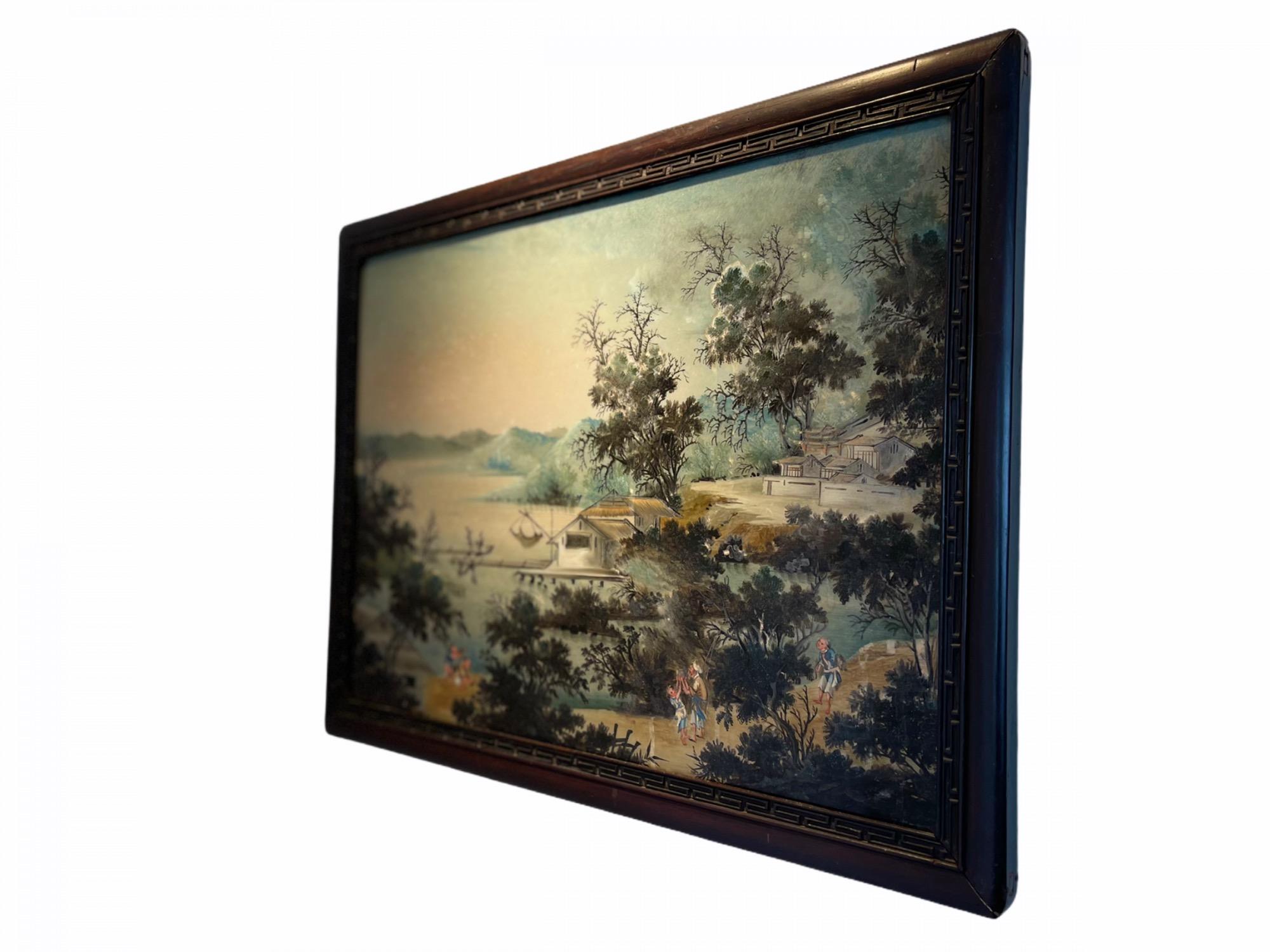 Chinese Pair 'Diptych' Reverse Glass Paintings of Port Life, Early 18th Century For Sale 1