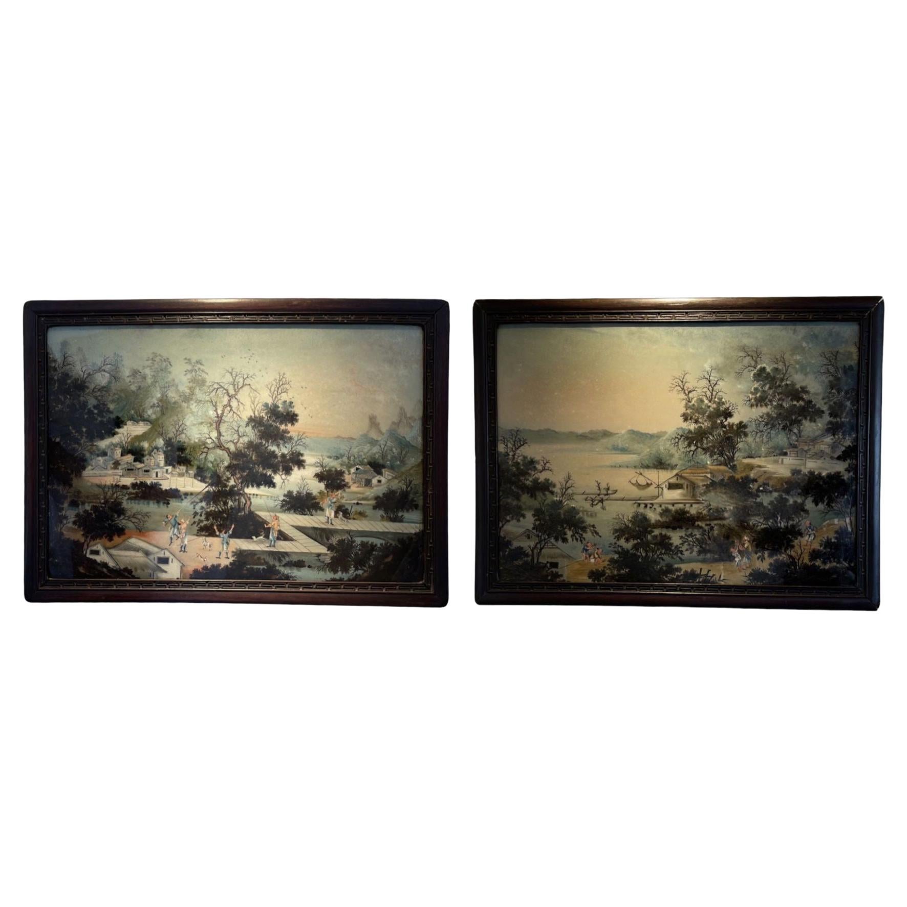 Chinese Pair 'Diptych' Reverse Glass Paintings of Port Life, Early 18th Century