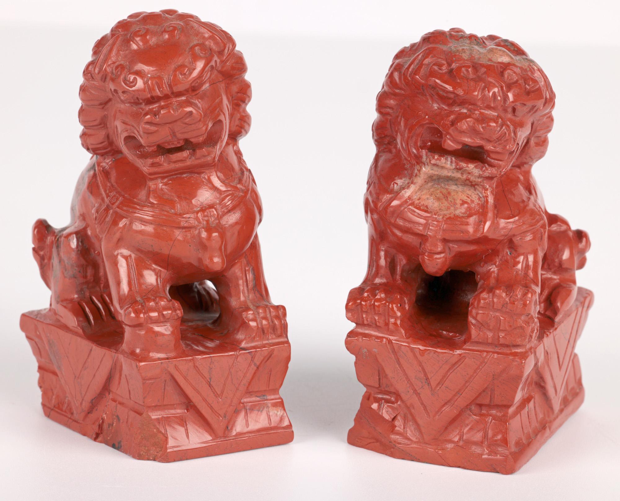Chinese Pair Hand Carved Red Hardstone Mounted Foo Dogs  For Sale 5
