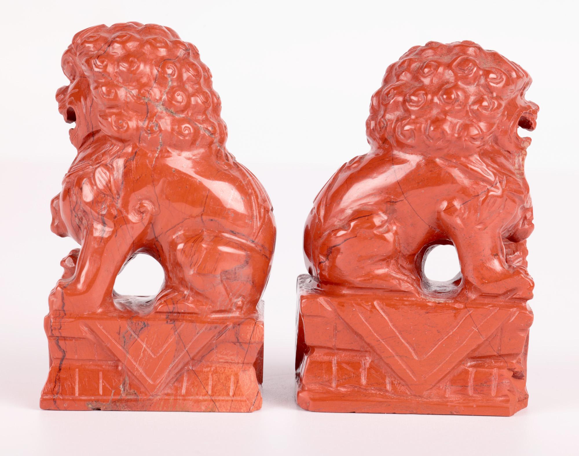 Chinese Pair Hand Carved Red Hardstone Mounted Foo Dogs  For Sale 7