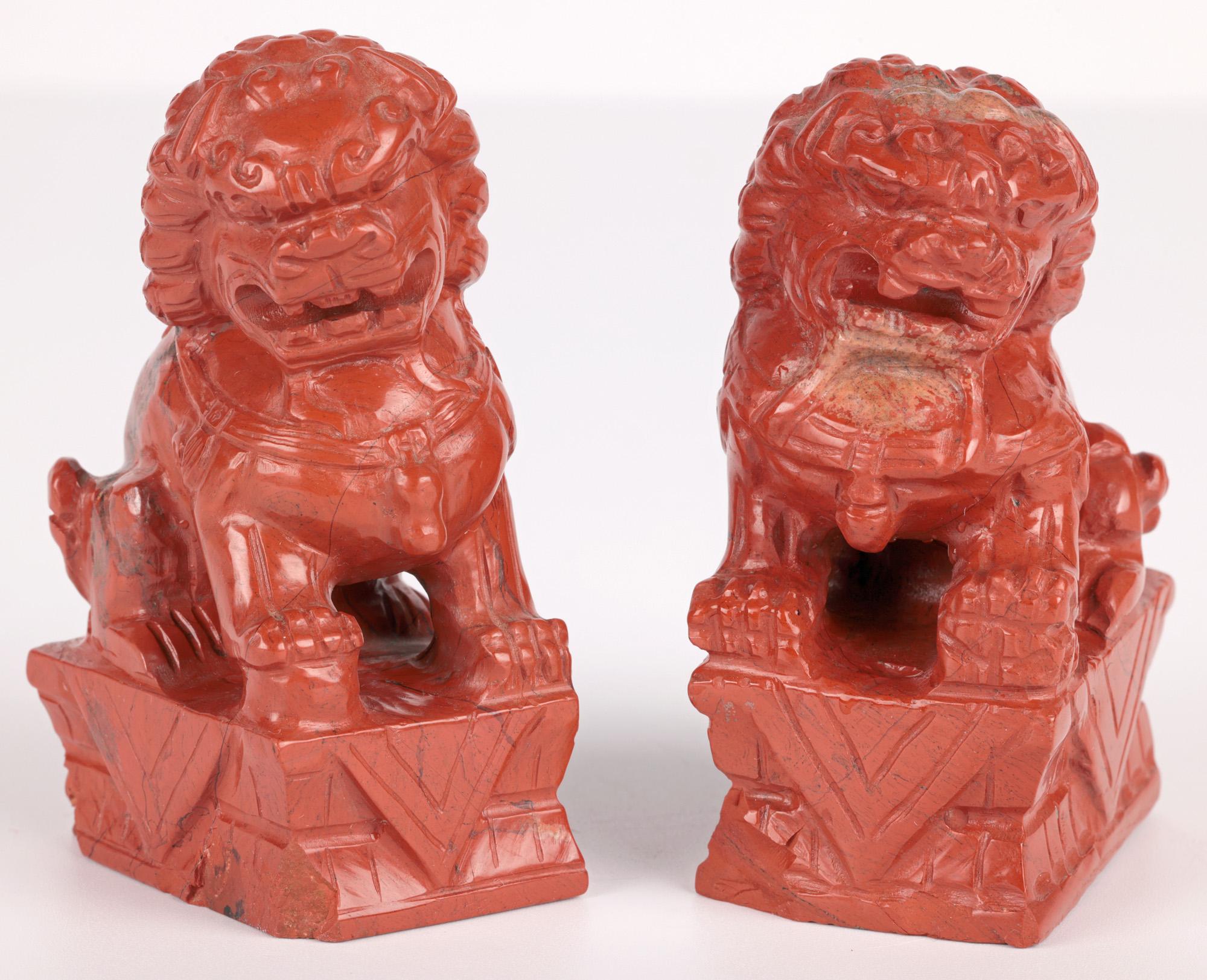 Chinese Pair Hand Carved Red Hardstone Mounted Foo Dogs  For Sale 8