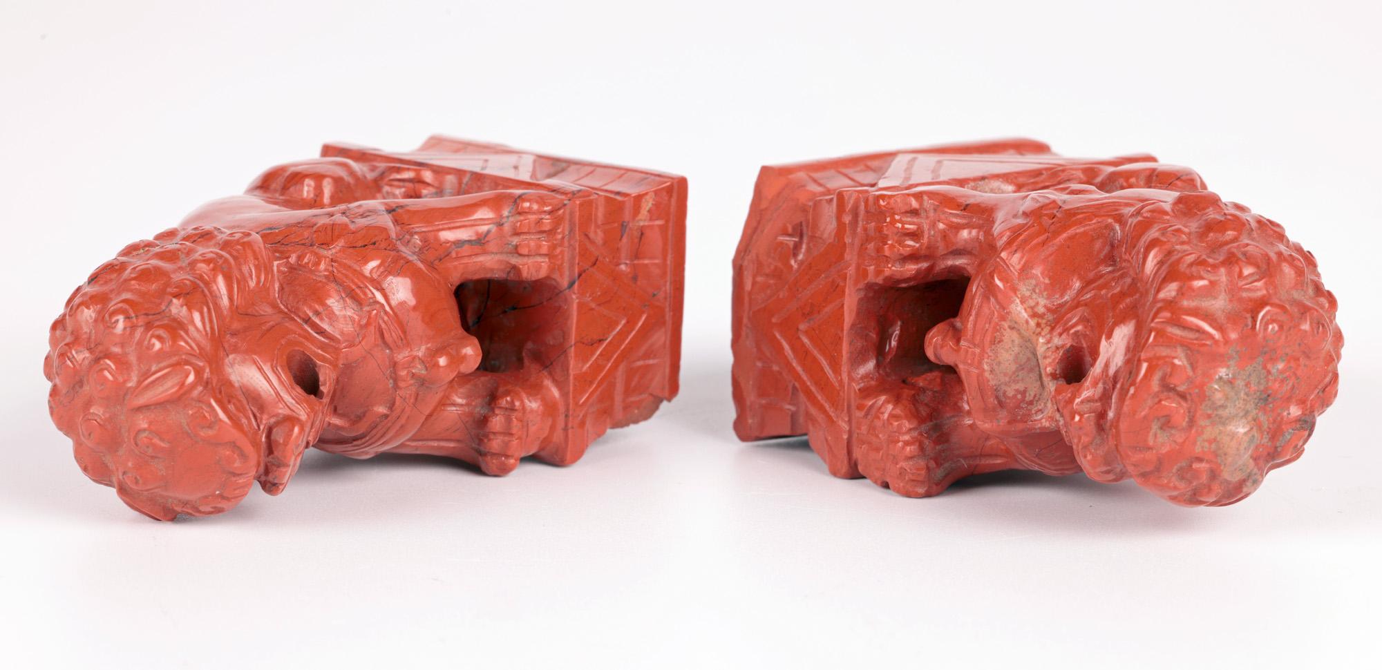 Glazed Chinese Pair Hand Carved Red Hardstone Mounted Foo Dogs  For Sale