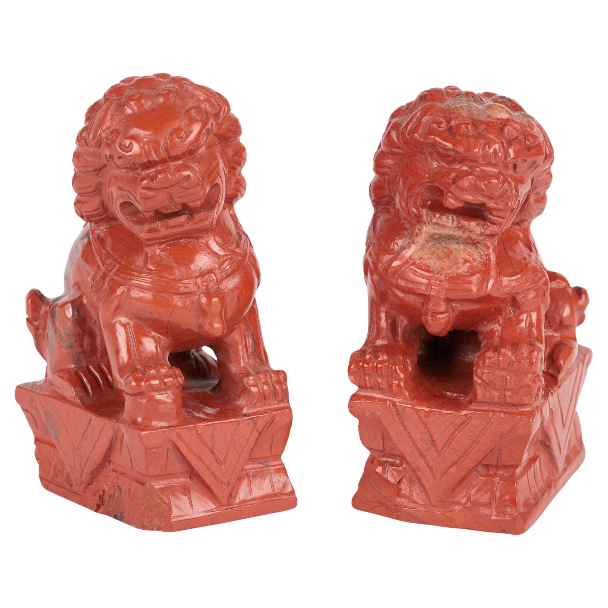 Chinese Pair Hand Carved Red Hardstone Mounted Foo Dogs  For Sale
