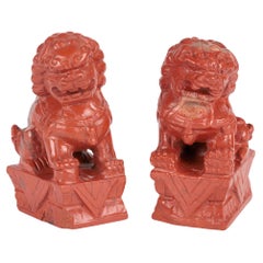 Chinese Pair Hand Carved Red Hardstone Mounted Foo Dogs 