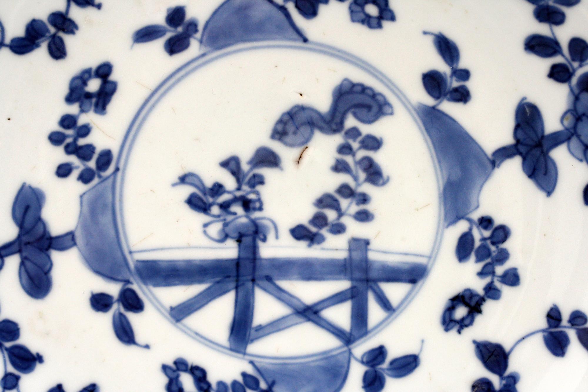 Qing Chinese Pair of Kangxi Blue and White Painted Floral Porcelain Plates
