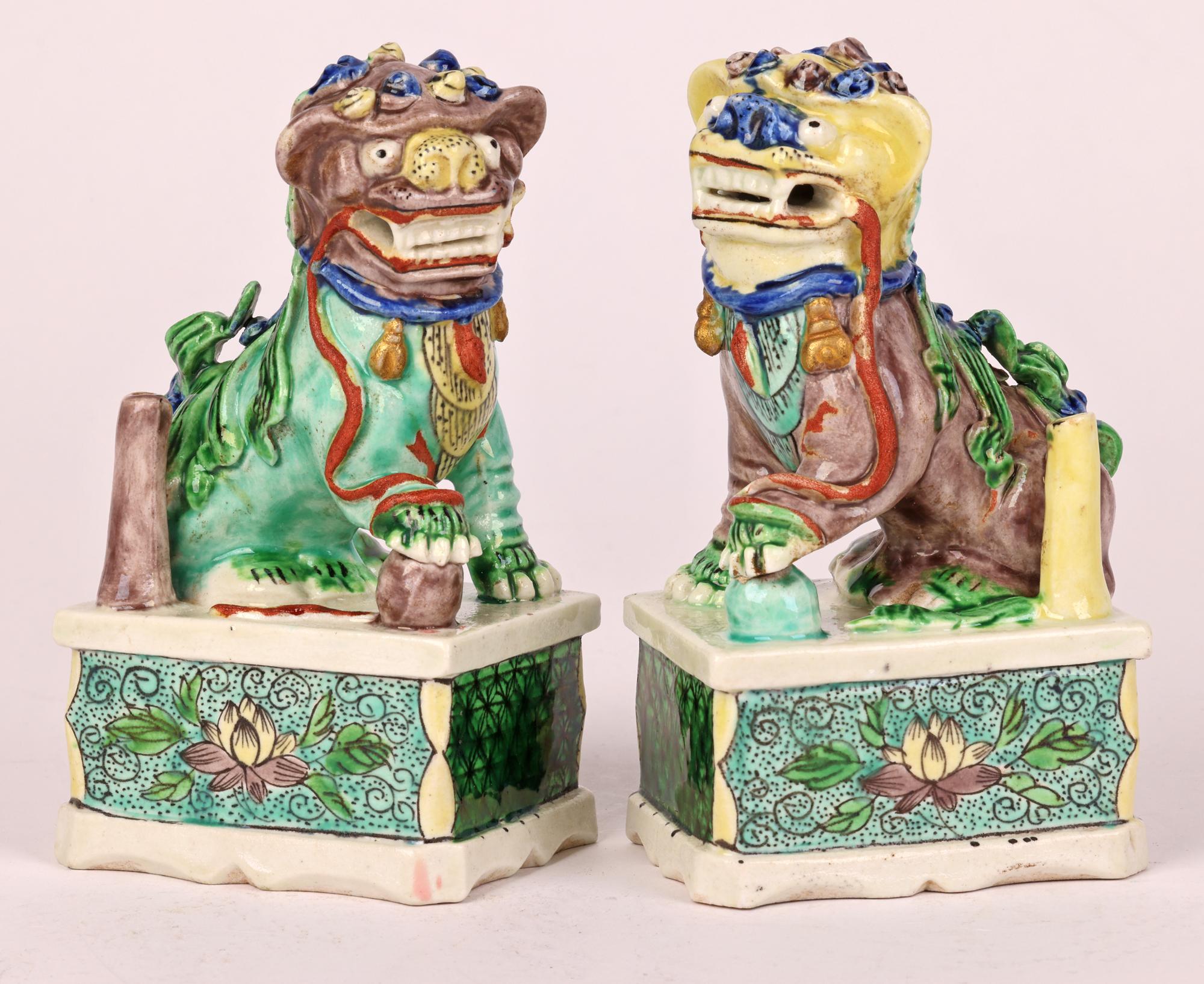 Chinese Pair Kangxi Porcelain Famille Verte Buddhist Lion Joss Stick Holders For Sale 4