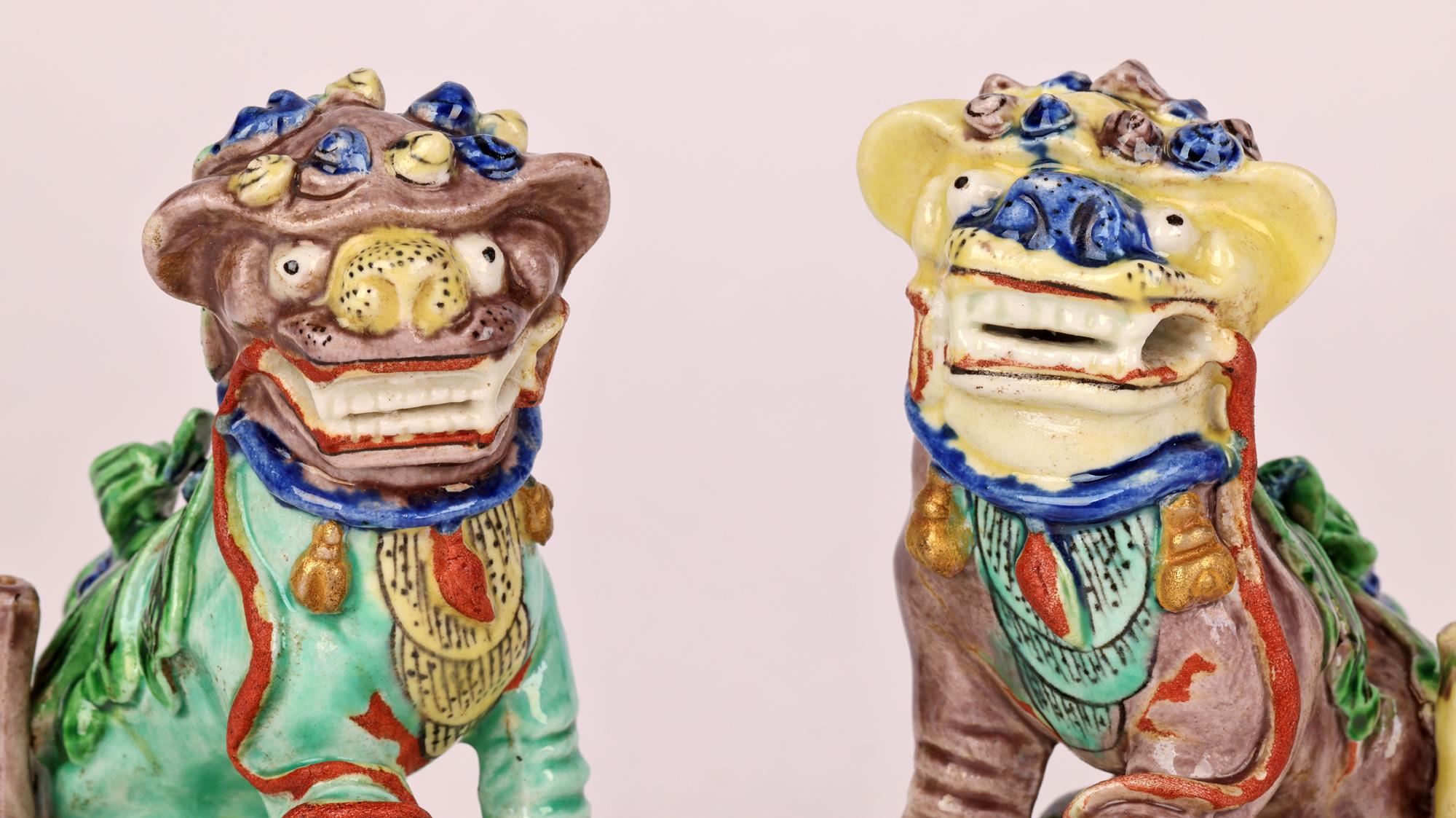 Chinese Pair Kangxi Porcelain Famille Verte Buddhist Lion Joss Stick Holders For Sale 5
