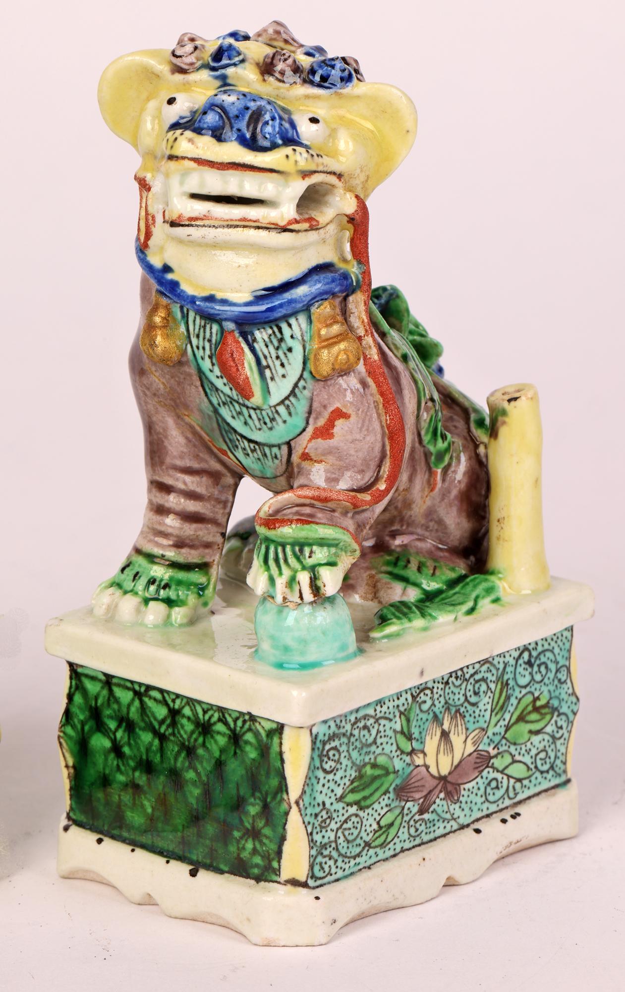 Chinese Pair Kangxi Porcelain Famille Verte Buddhist Lion Joss Stick Holders For Sale 6