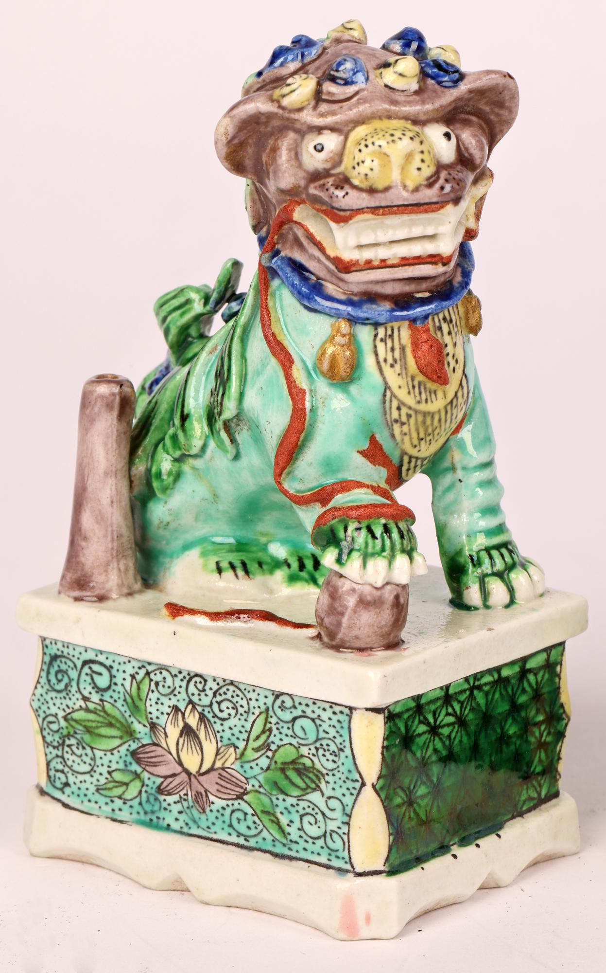 Chinese Pair Kangxi Porcelain Famille Verte Buddhist Lion Joss Stick Holders For Sale 7