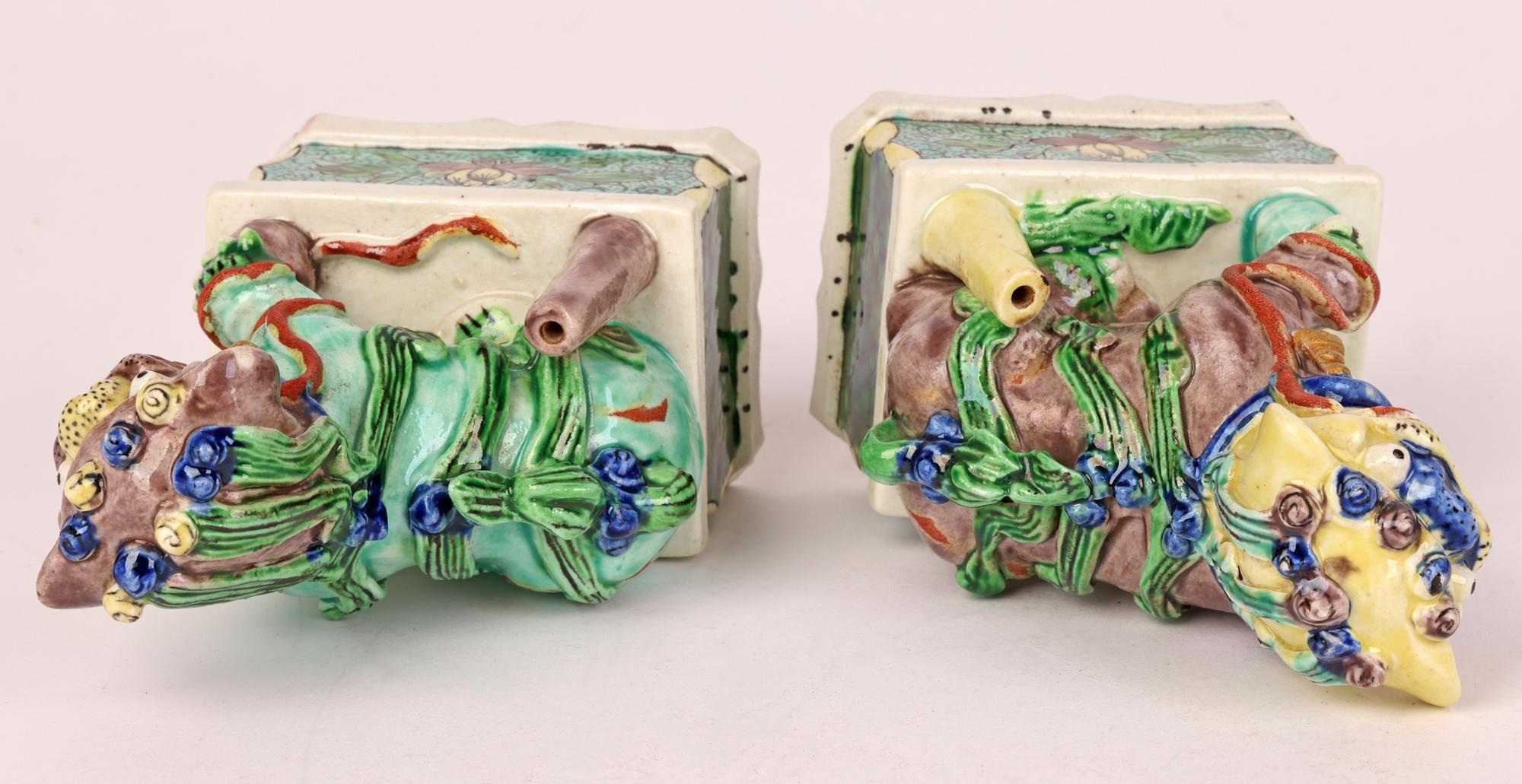 Chinese Pair Kangxi Porcelain Famille Verte Buddhist Lion Joss Stick Holders For Sale 9