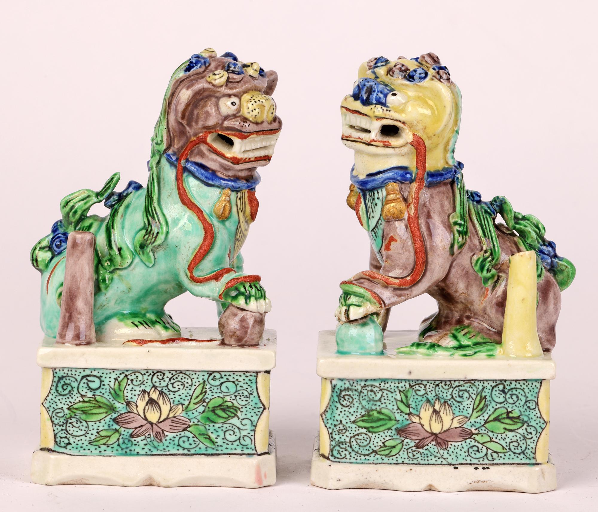Chinese Pair Kangxi Porcelain Famille Verte Buddhist Lion Joss Stick Holders For Sale 13