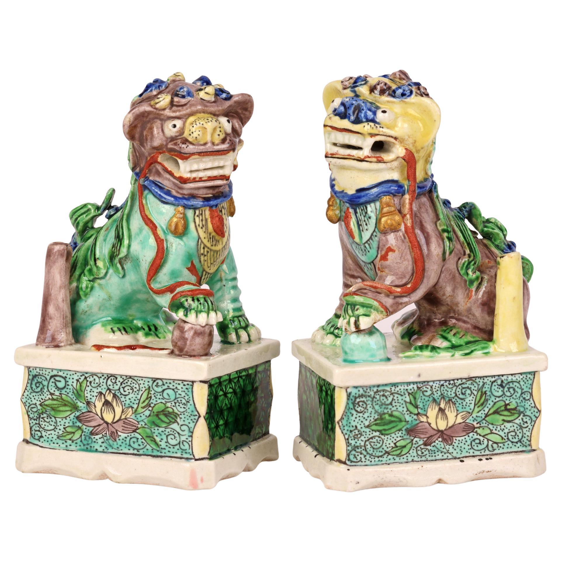 Chinese Pair Kangxi Porcelain Famille Verte Buddhist Lion Joss Stick Holders For Sale