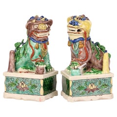 Antique Chinese Pair Kangxi Porcelain Famille Verte Buddhist Lion Joss Stick Holders