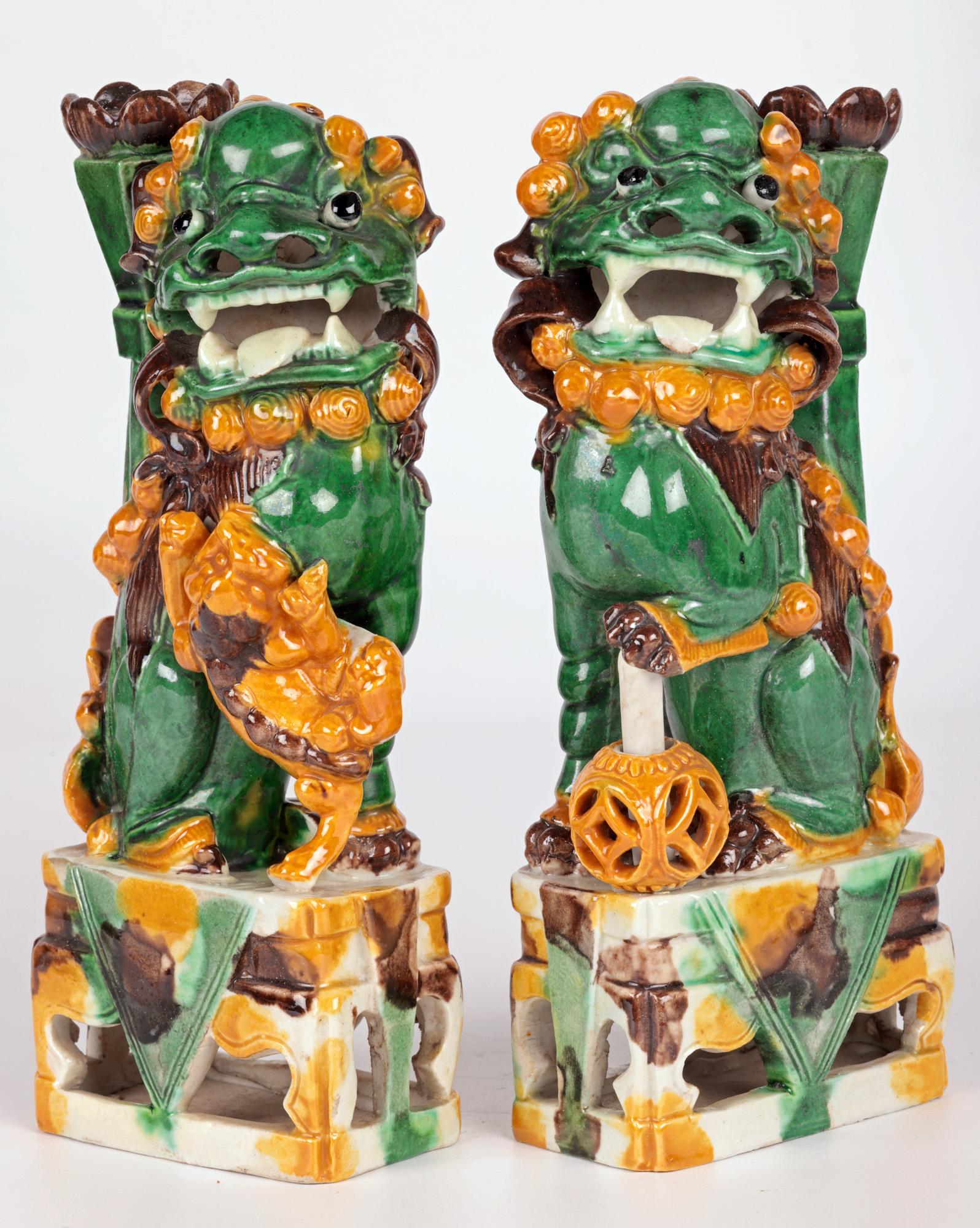 Chinese Pair Sancai Glazed Mounted Foo Dogs Incense Holder  For Sale 4