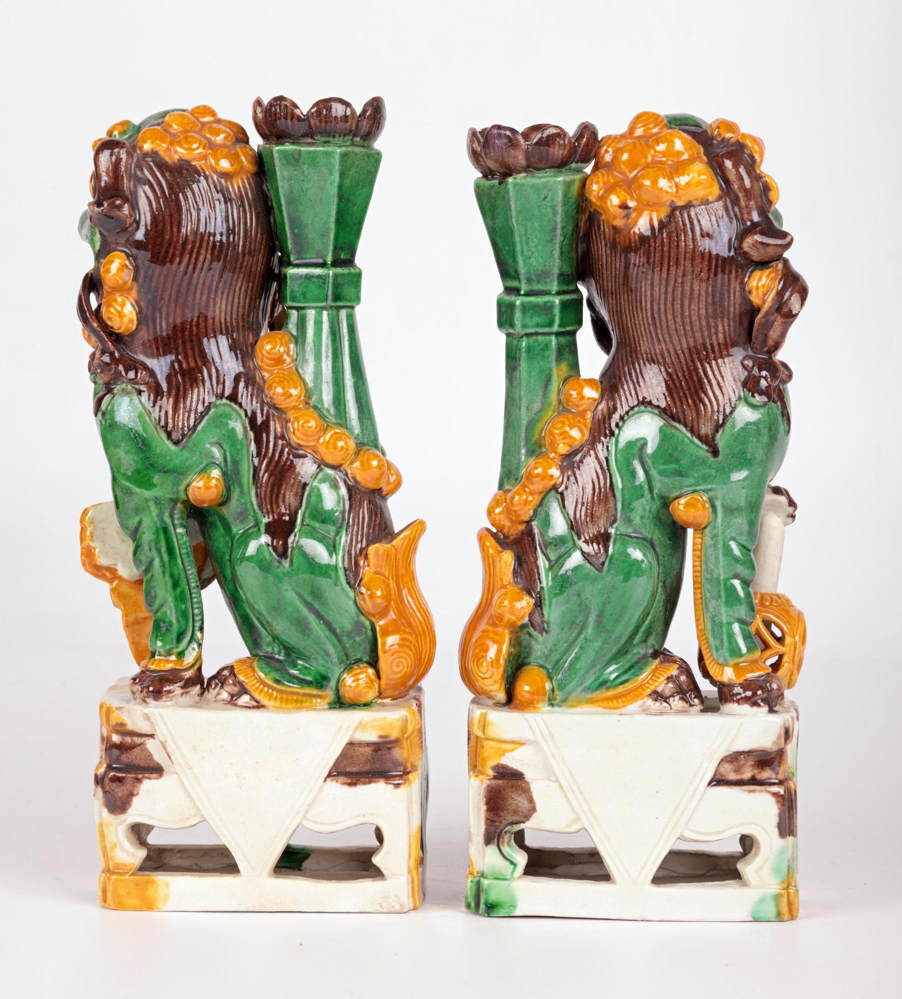 Chinese Pair Sancai Glazed Mounted Foo Dogs Incense Holder  For Sale 7