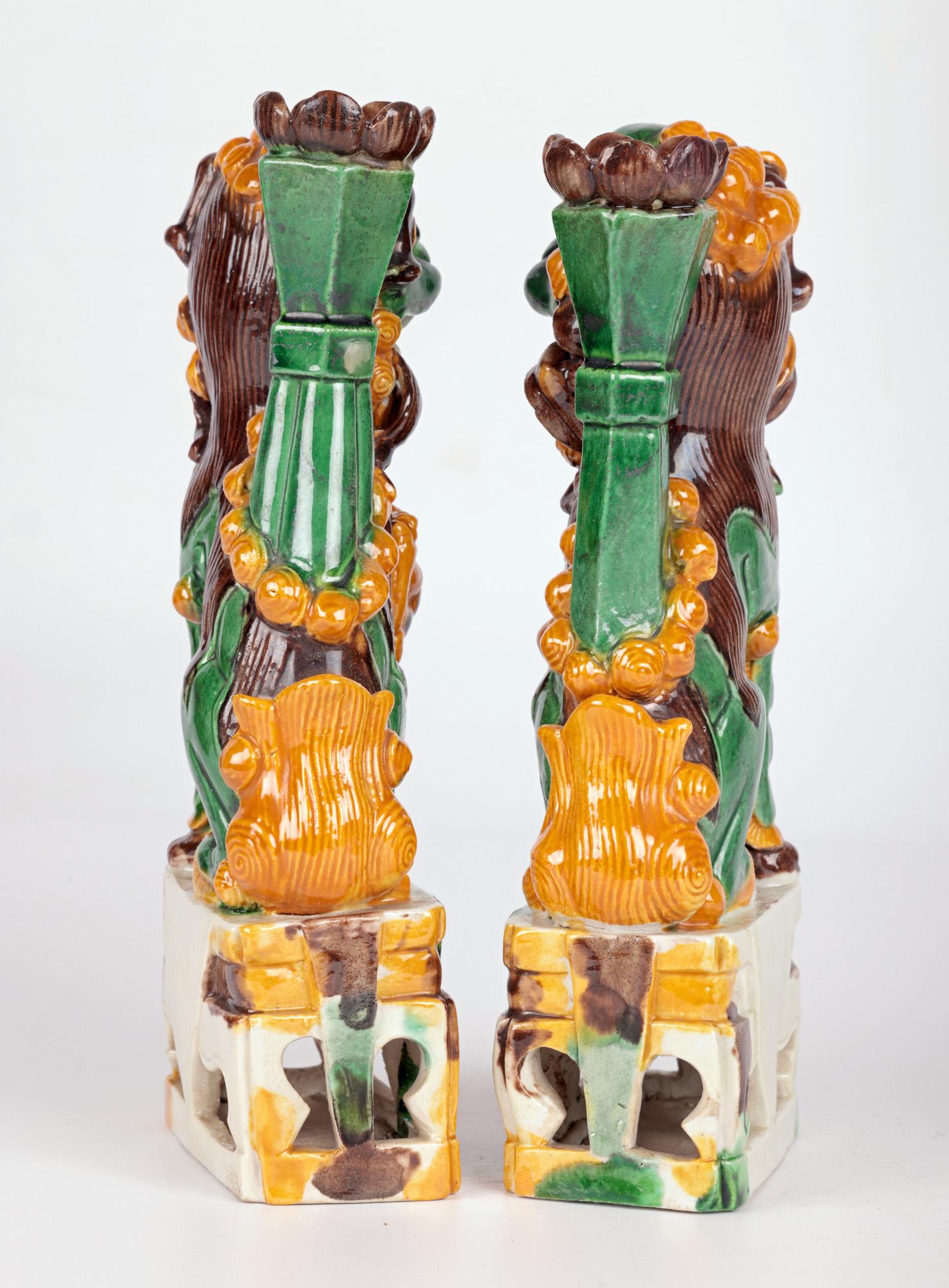 Chinese Pair Sancai Glazed Mounted Foo Dogs Incense Holder  For Sale 9
