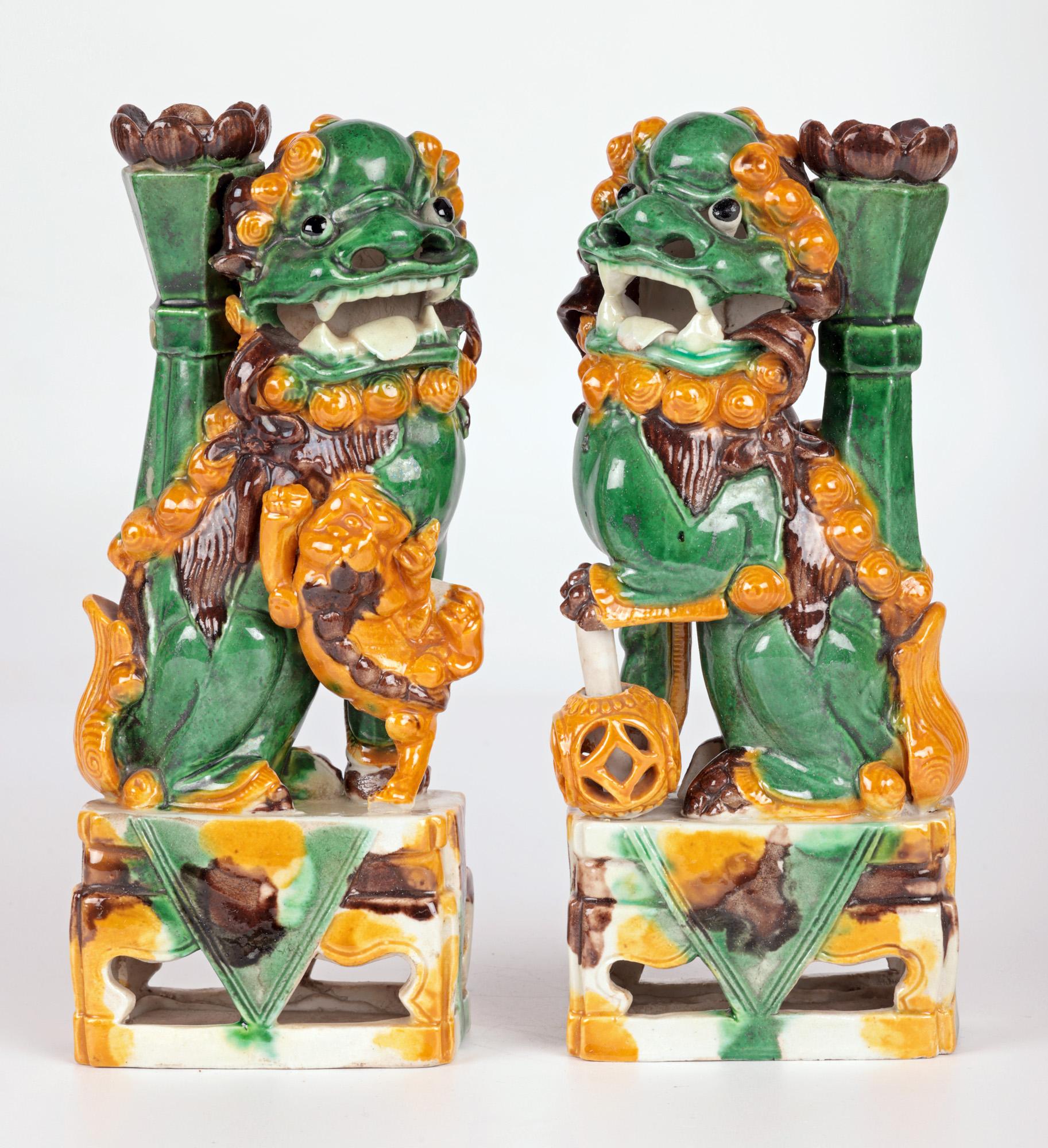 Chinese Pair Sancai Glazed Mounted Foo Dogs Incense Holder  For Sale 11