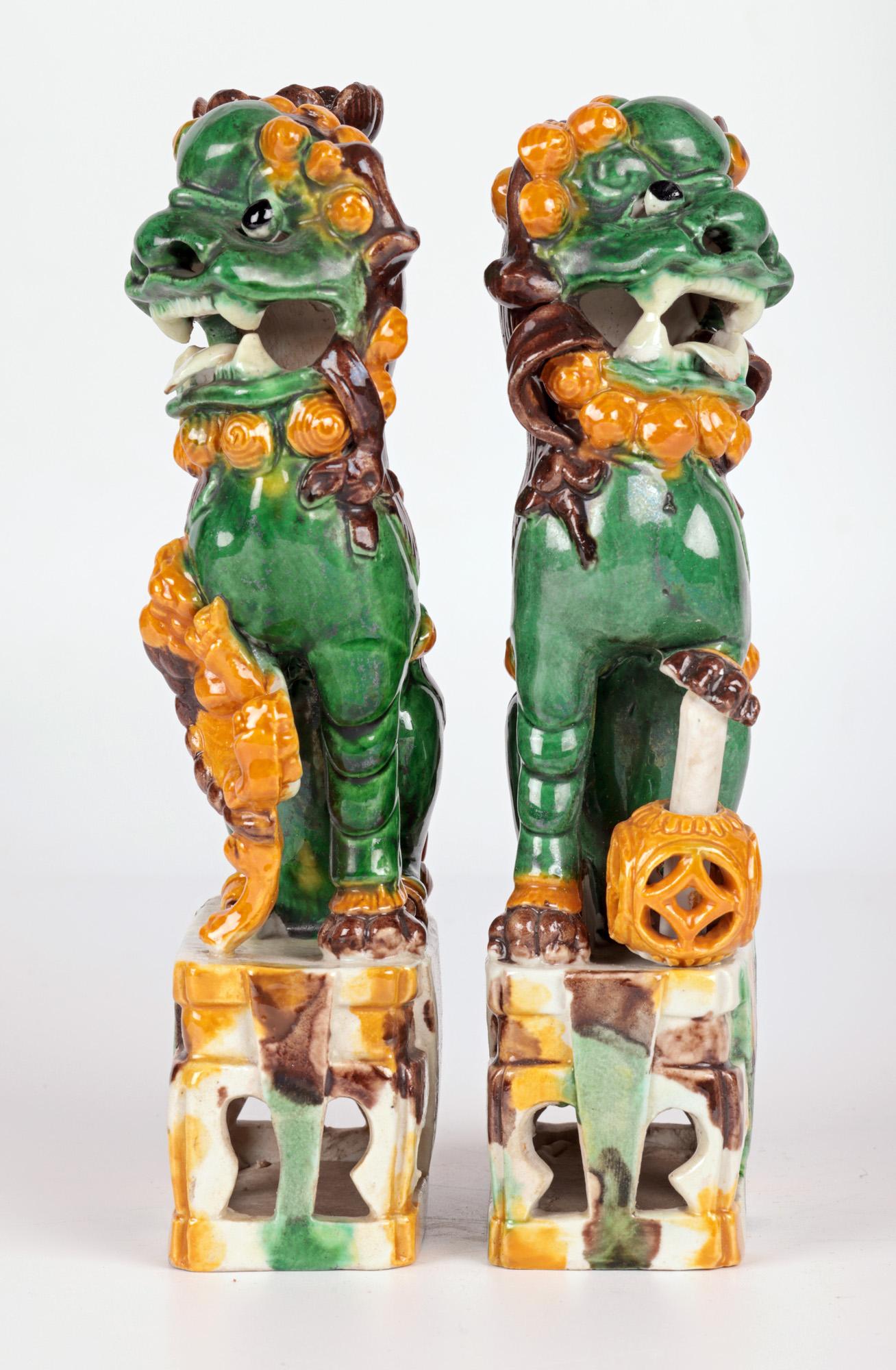 Chinese Pair Sancai Glazed Mounted Foo Dogs Incense Holder  For Sale 1