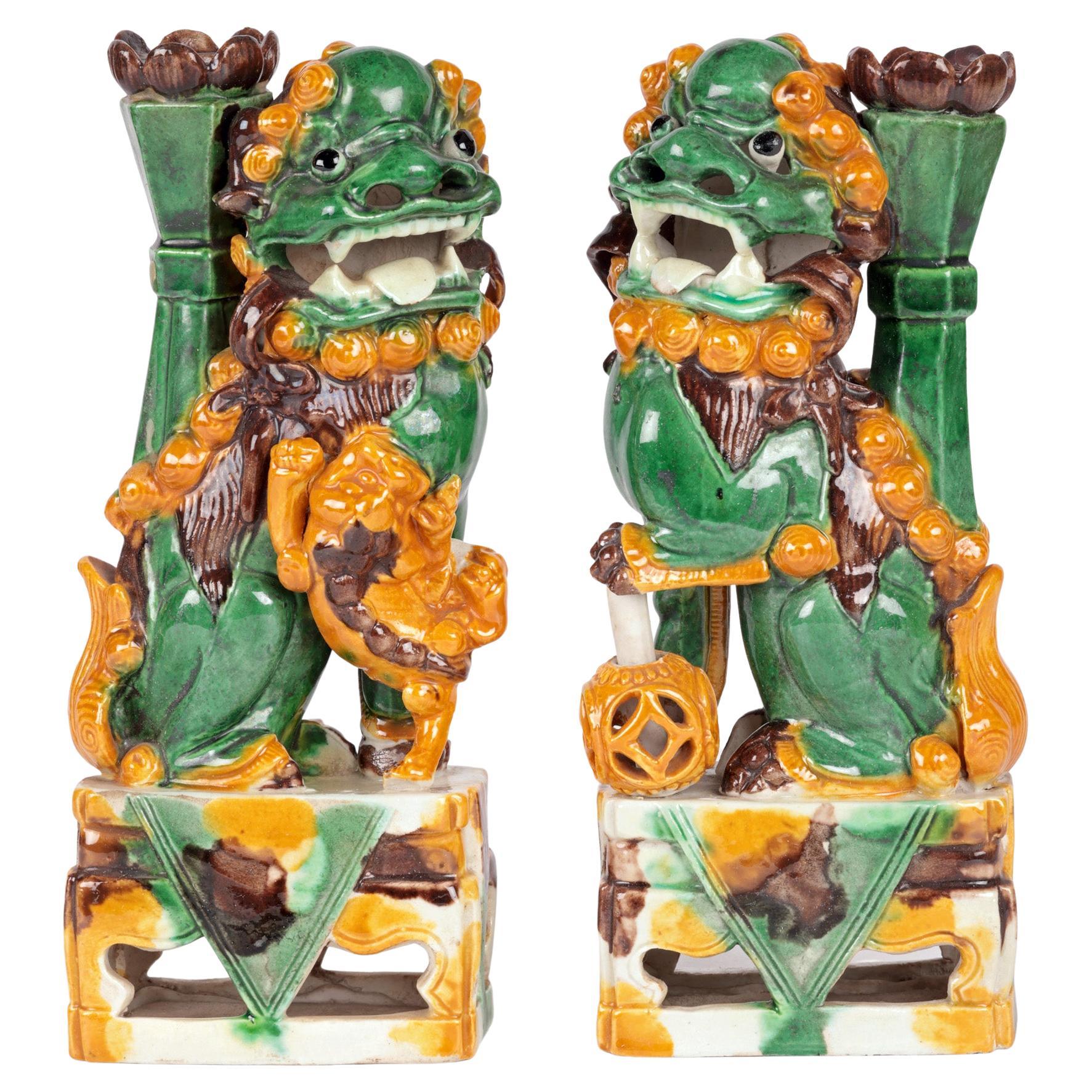 Chinese Pair Sancai Glazed Mounted Foo Dogs Incense Holder  For Sale