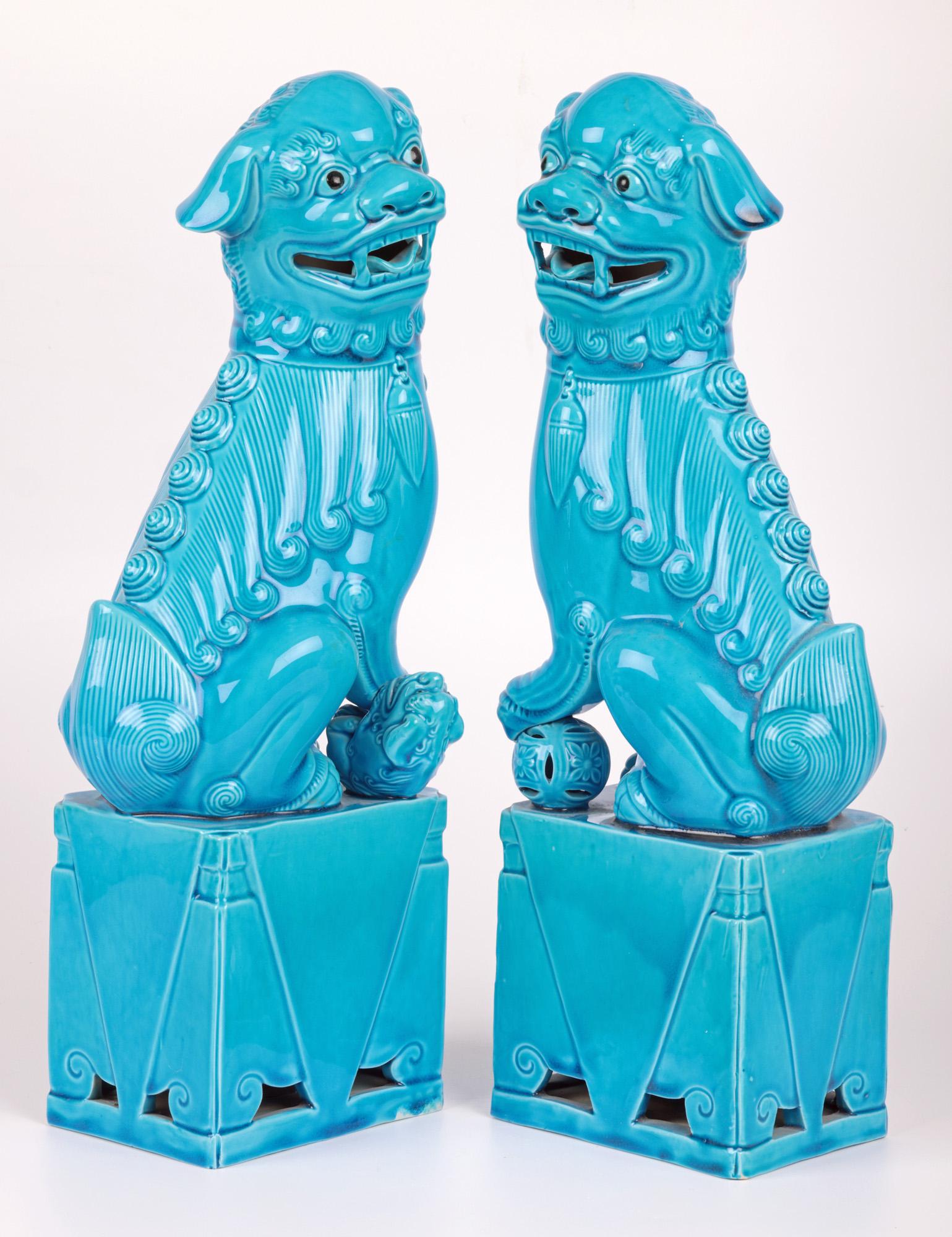 Chinese Pair Large Turquoise Glazed Porcelain Mounted Foo Dogs For Sale 6