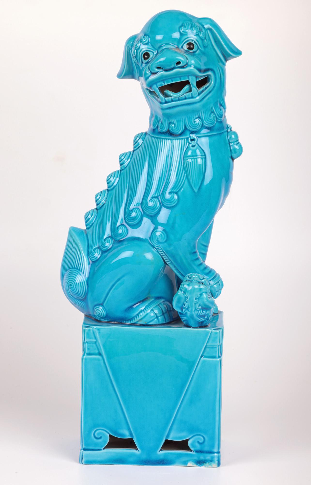 Chinese Pair Large Turquoise Glazed Porcelain Mounted Foo Dogs For Sale 8