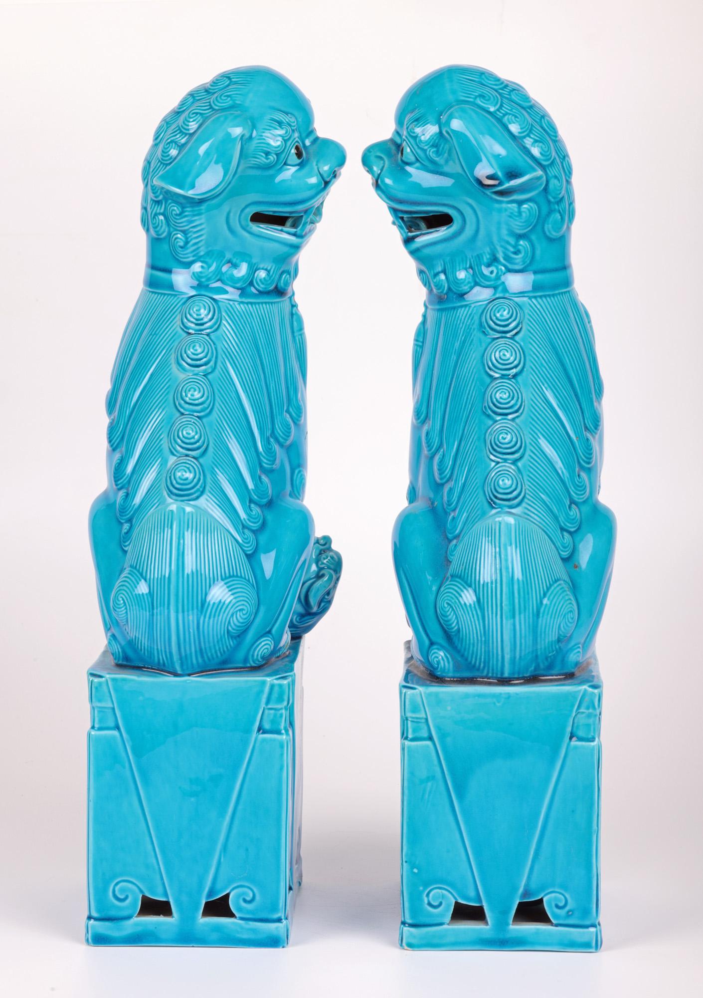 Chinese Pair Large Turquoise Glazed Porcelain Mounted Foo Dogs For Sale 9