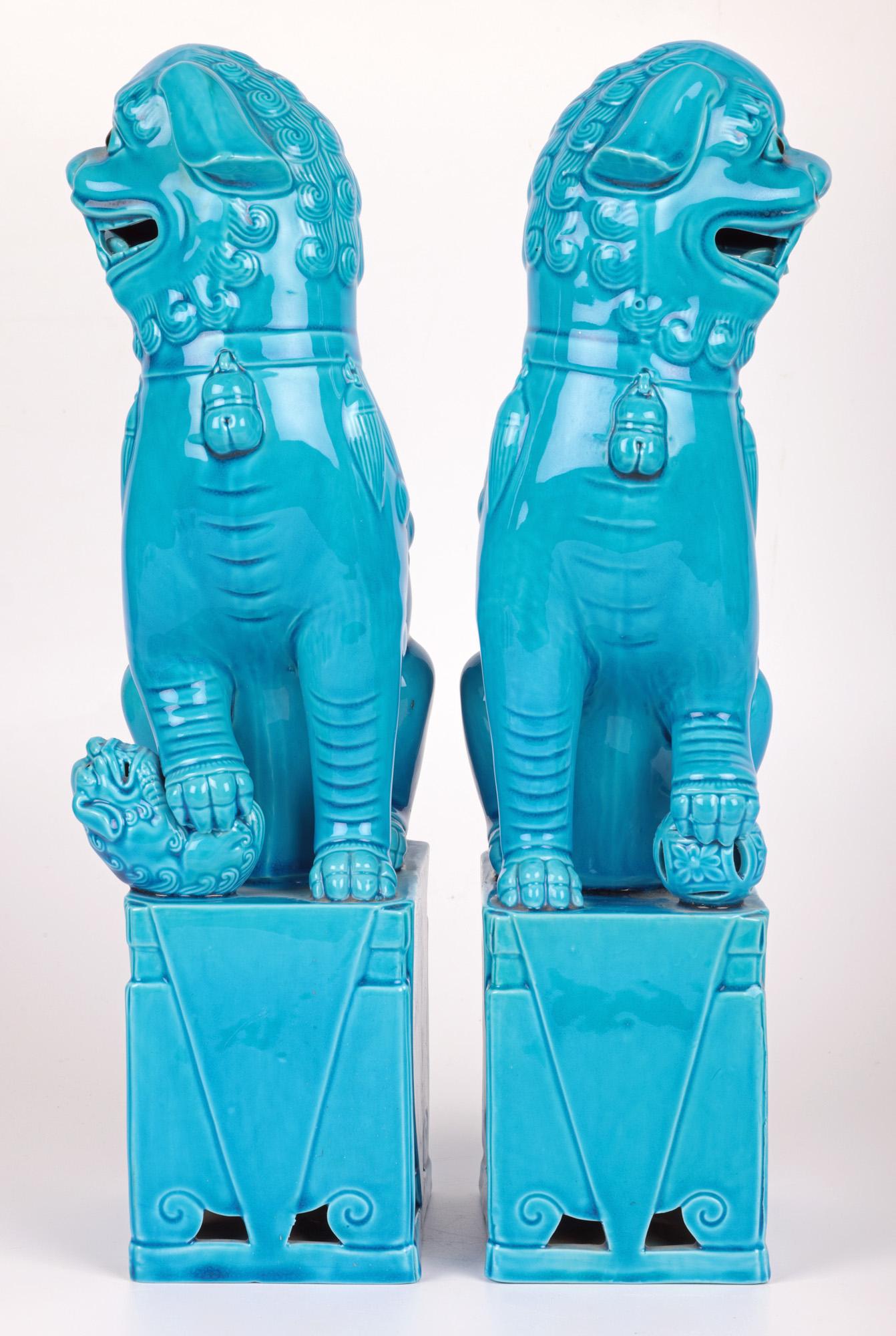 Chinese Pair Large Turquoise Glazed Porcelain Mounted Foo Dogs For Sale 11