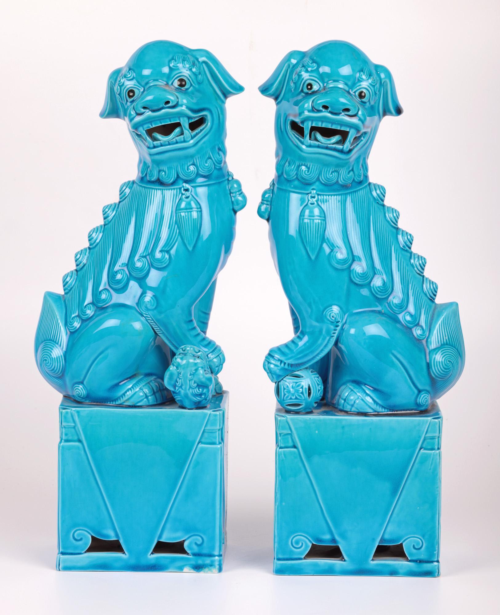 Chinese Pair Large Turquoise Glazed Porcelain Mounted Foo Dogs For Sale 15