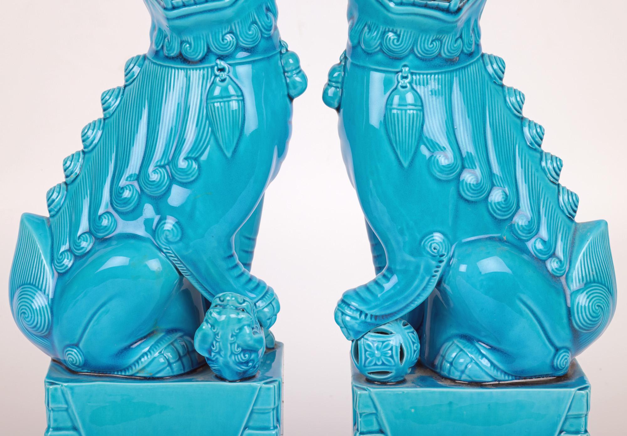 Chinese Pair Large Turquoise Glazed Porcelain Mounted Foo Dogs In Good Condition For Sale In Bishop's Stortford, Hertfordshire