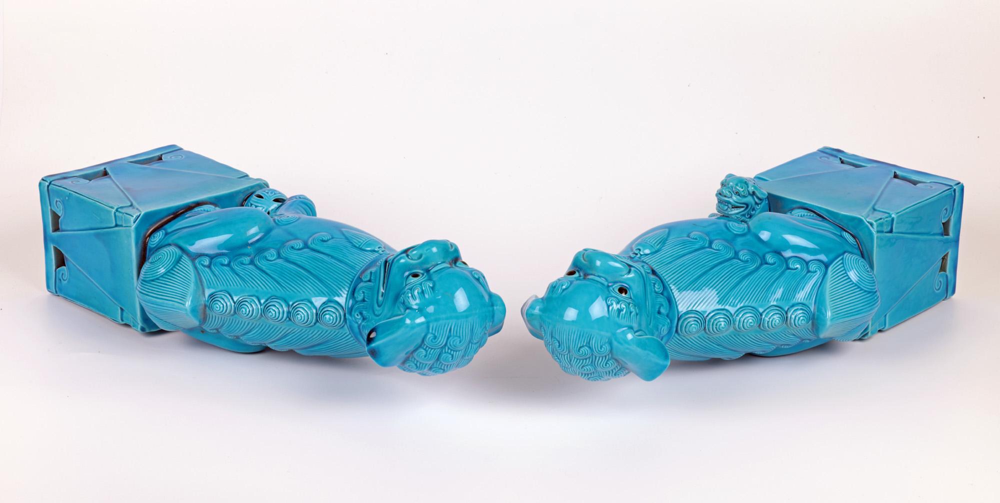 Chinese Pair Large Turquoise Glazed Porcelain Mounted Foo Dogs For Sale 2