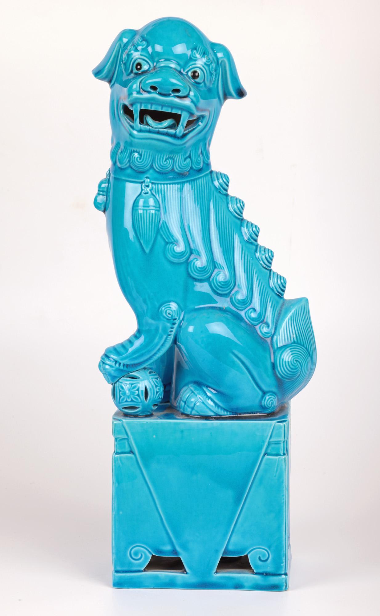 Chinese Pair Large Turquoise Glazed Porcelain Mounted Foo Dogs For Sale 3