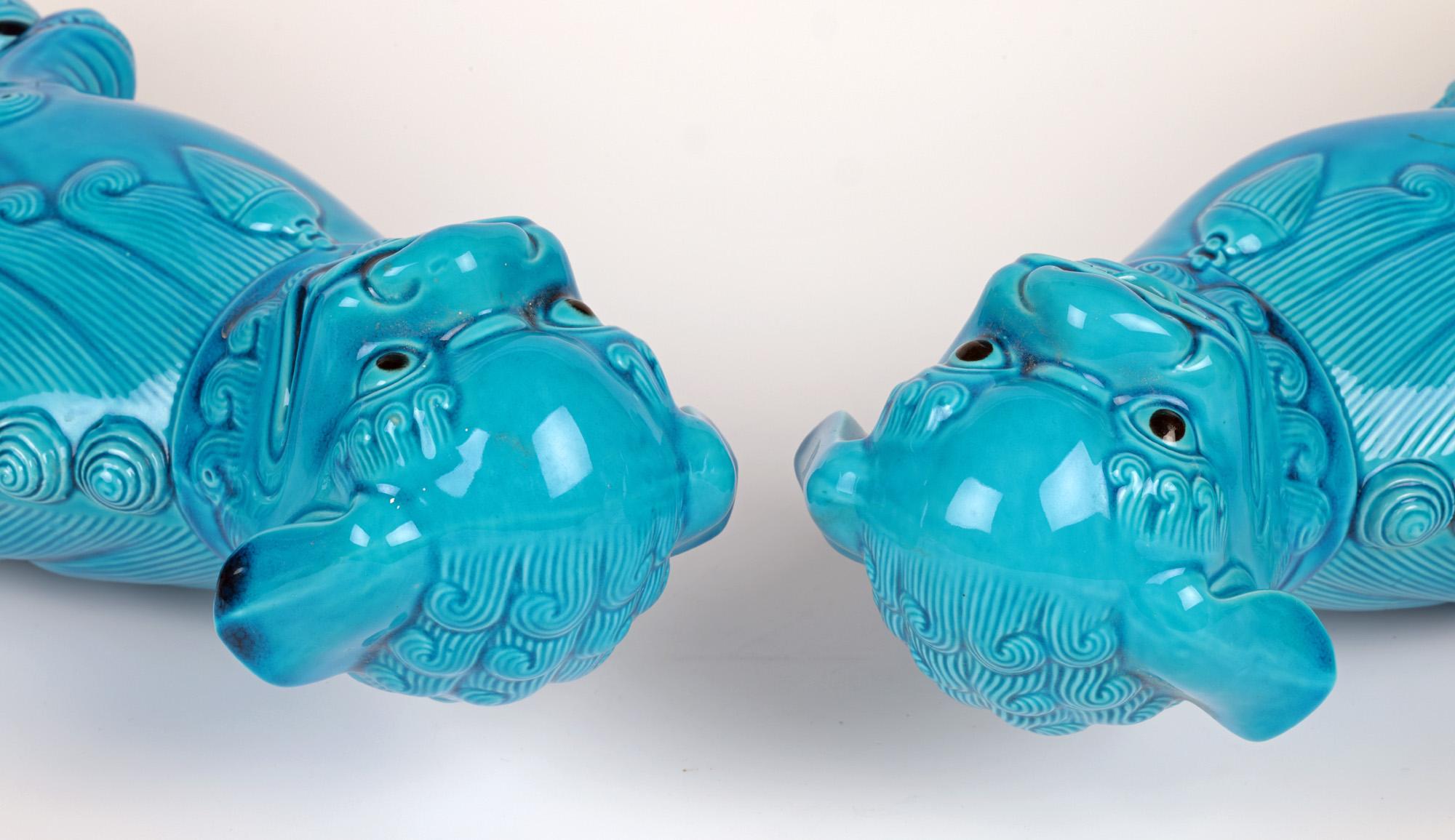 Chinese Pair Large Turquoise Glazed Porcelain Mounted Foo Dogs For Sale 4