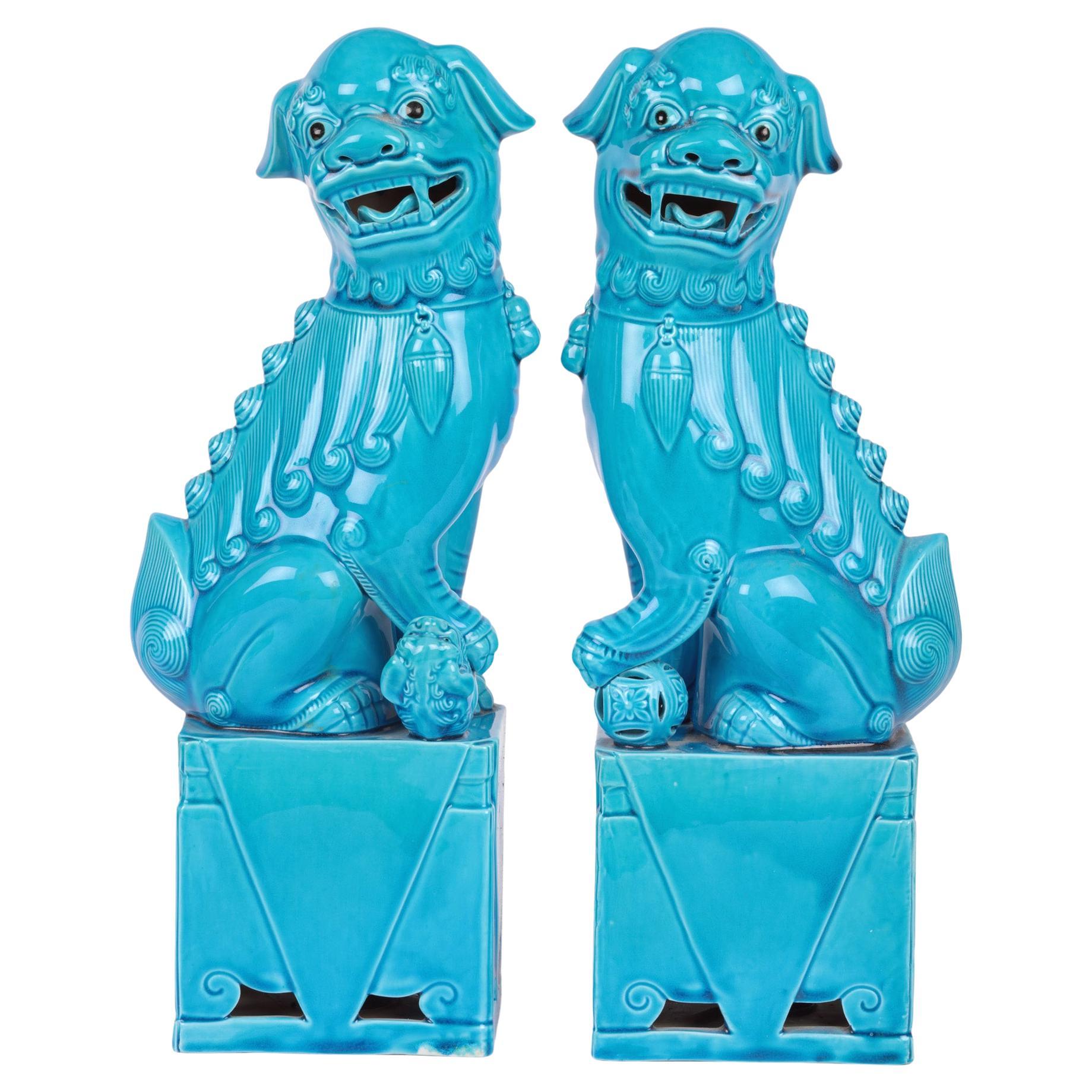 Chinese Pair Large Turquoise Glazed Porcelain Mounted Foo Dogs For Sale