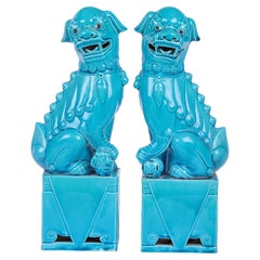 Paire de grands chiens Foo montés sur porcelaine émaillée turquoise